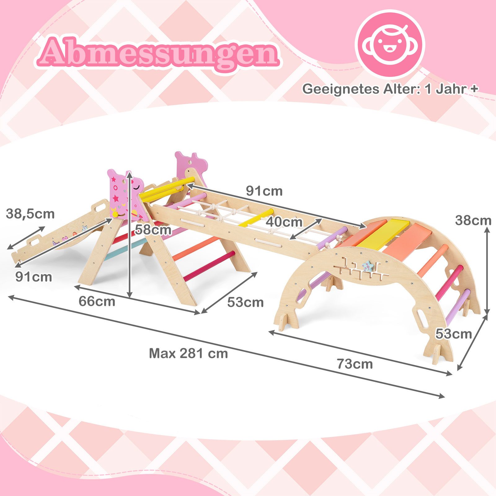 COSTWAY Klettergerüst, (4-St), mit Rutsche, Kletterbogen, Netz, doppelseitige Rampe