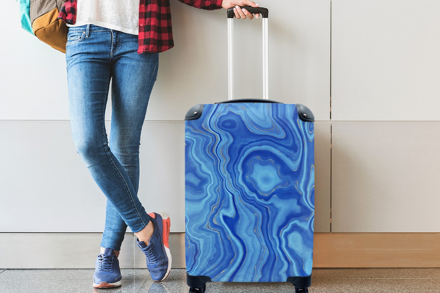 Reisetasche Ferien, mit 4 - rollen, MuchoWow Handgepäckkoffer Blau - Trolley, für Marmor Handgepäck Golden, Rollen, Reisekoffer