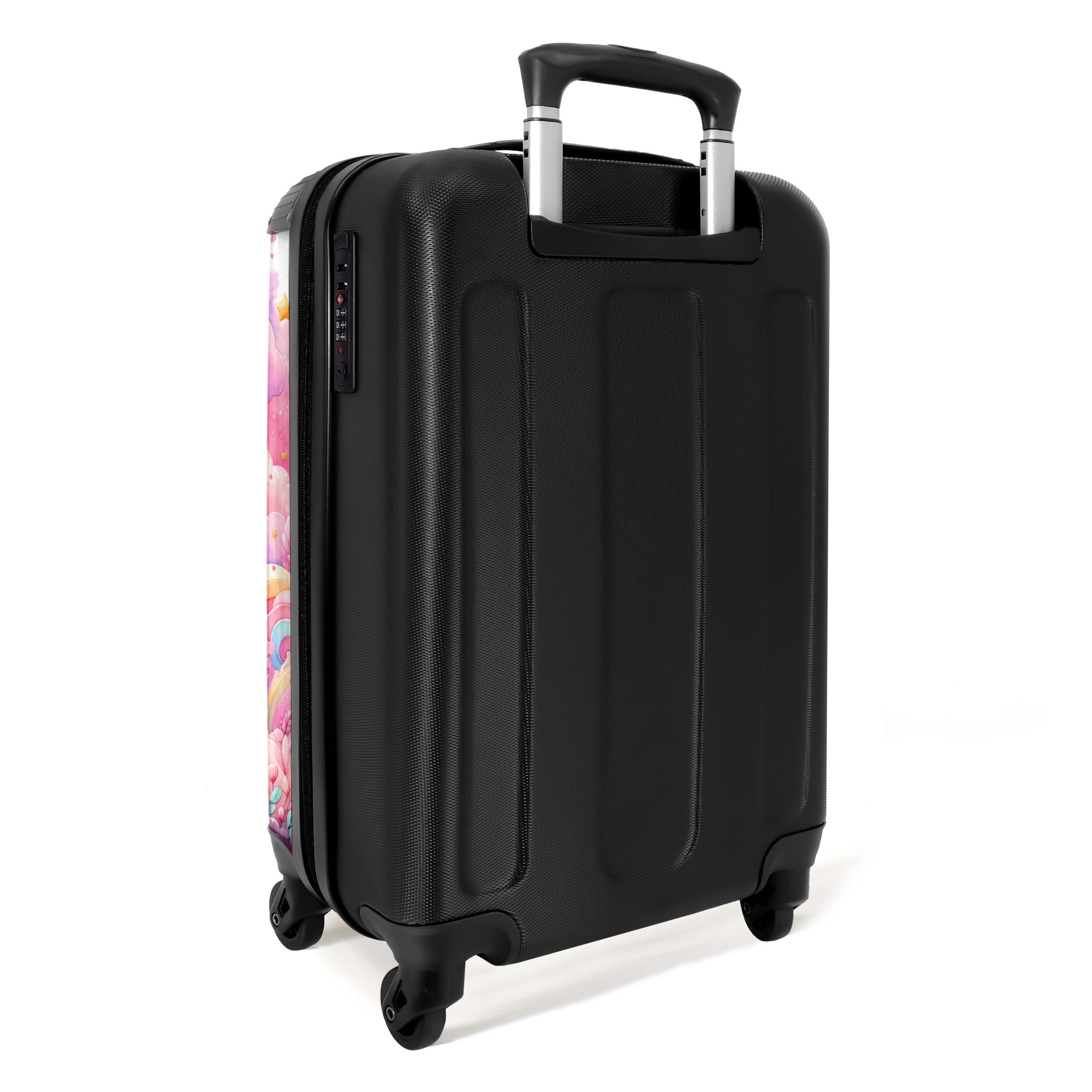 NoBoringSuitcases.com© Kinderkoffer Prinzessin und Einhorn mit Regenbogen und rosa Wolken 55x35x20cm, 4 Rollen, Handgepäck-Koffer, Kinderkoffer, Reisekoffer Mädchen