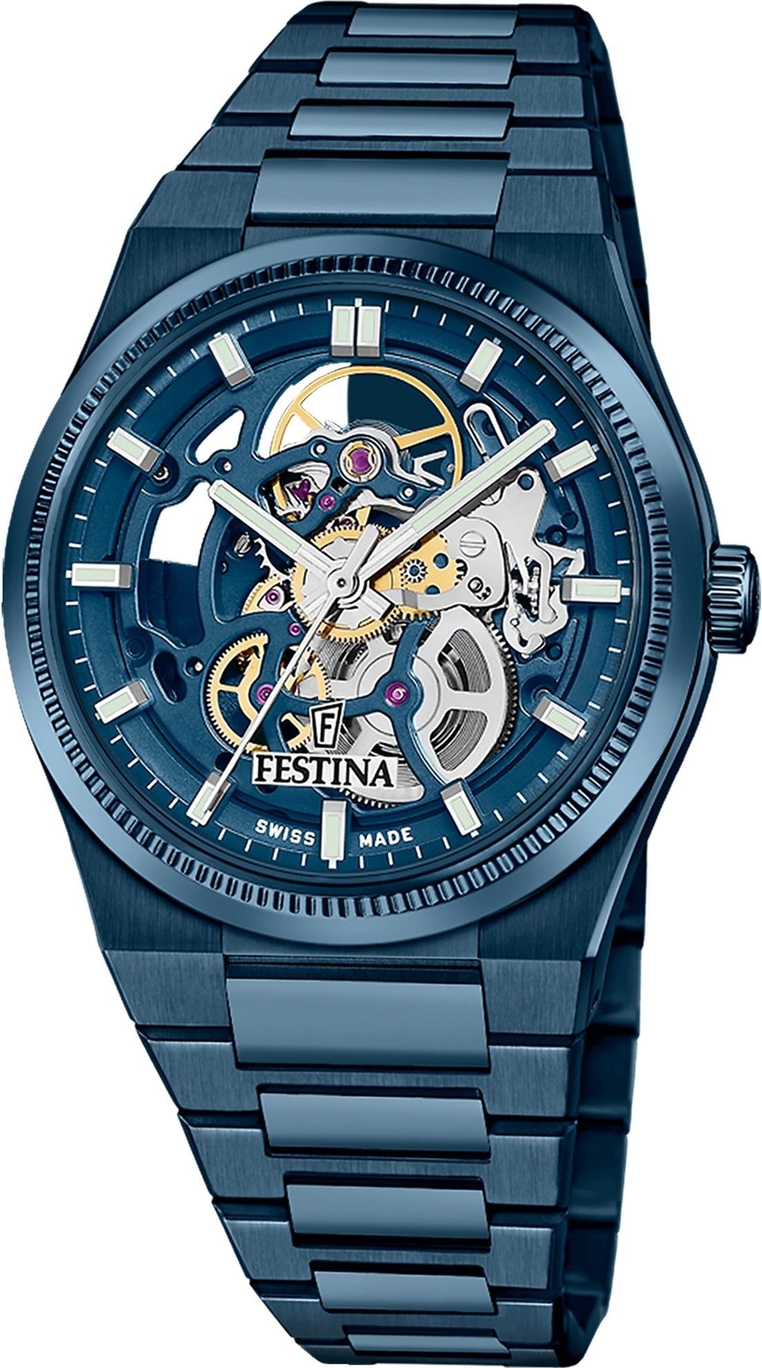 Festina Automatikuhr Festina Herrenuhr Swiss Made Armbanduhr, (Analoguhr), Herren Armbanduhr rund, Edelstahlarmband blau, Elegant