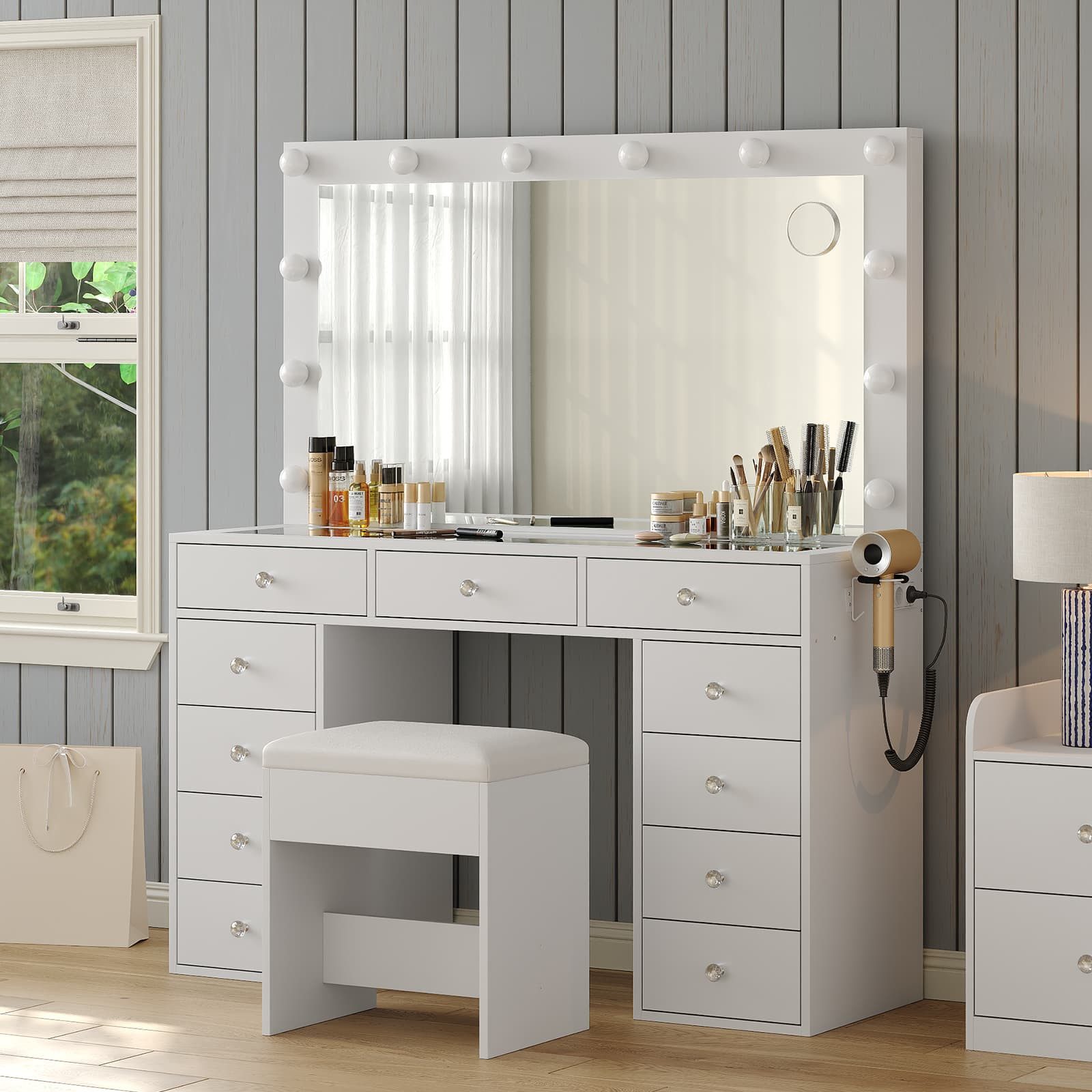 Yanosaku Schminktisch mit Spiegel & LED-Beleuchtung, 11 Schubladen & 12 dimmbaren LEDs (1-St., mit Hocker), Ideal für Make-up & Kosmetikablage, 105x40x142cm