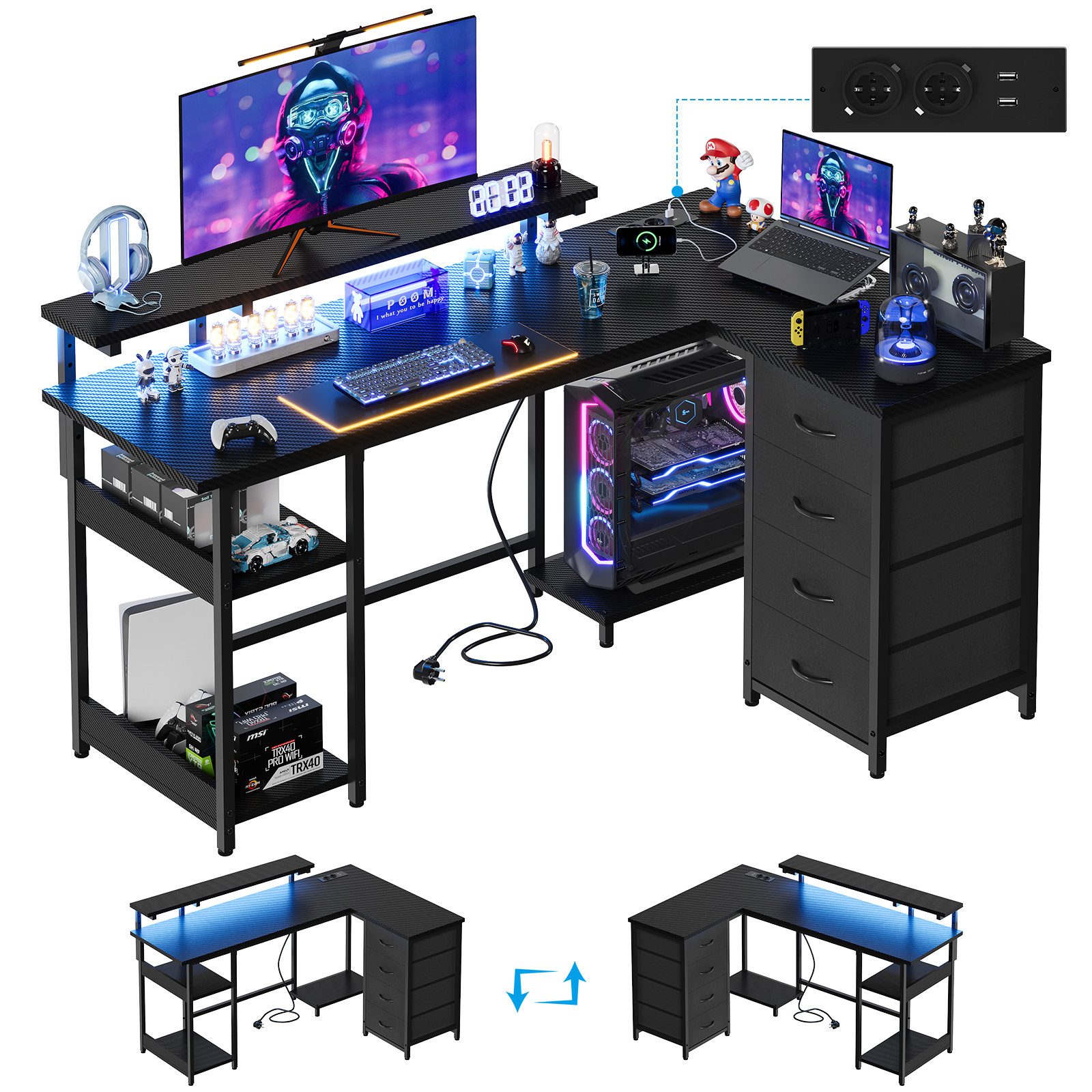 HOMALL Eckschreibtisch 140/160 cm Schreibtisch mit Schubladen, Monitorhalterung, Gaming-Tisch (Aussestatet mit 2 Seckeesen 2 Us -Anschusen 4 Schubladen eimer eherverselaren Montertaerune ener LED-Lkchteste, 2 Eimlegeboaen sowte einer Heterung ter den PC Tower)