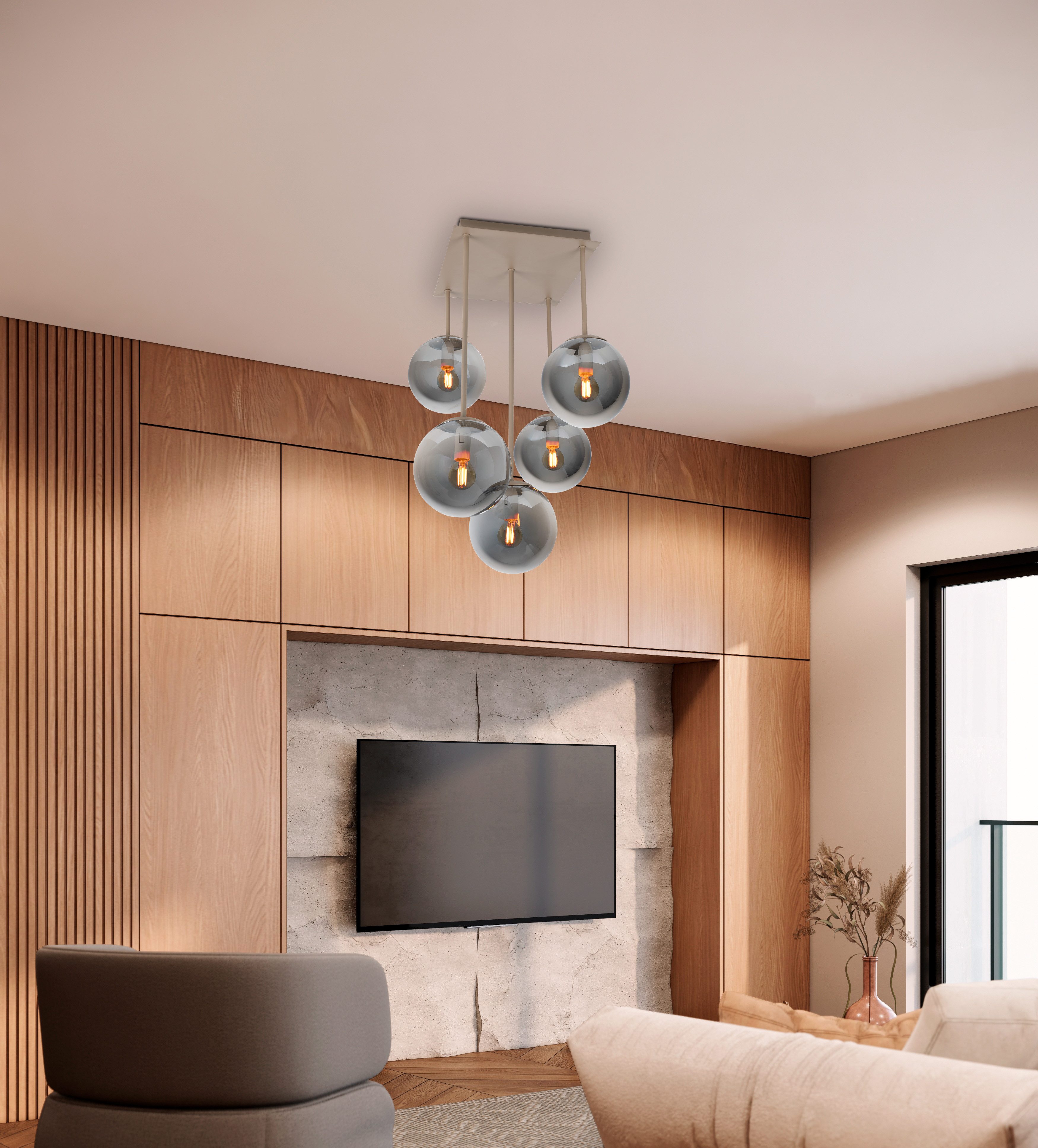 OTTO home Deckenleuchte Nellin, ohne Leuchtmittel, 5 Glaskugeln mit je 1x E14 exkl., quadratisch, beige matt