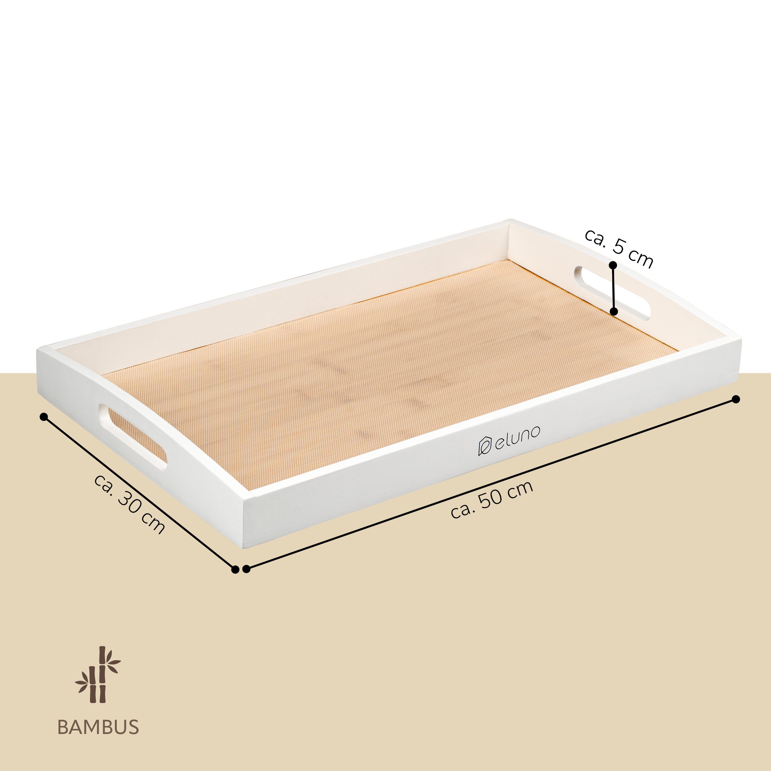 eluno Tablett Servierplatte mit seitlichen Griffen und Einlegeboden, Bambus, (1-tlg), inkl. Anti-Rutsch-Einlegeboden