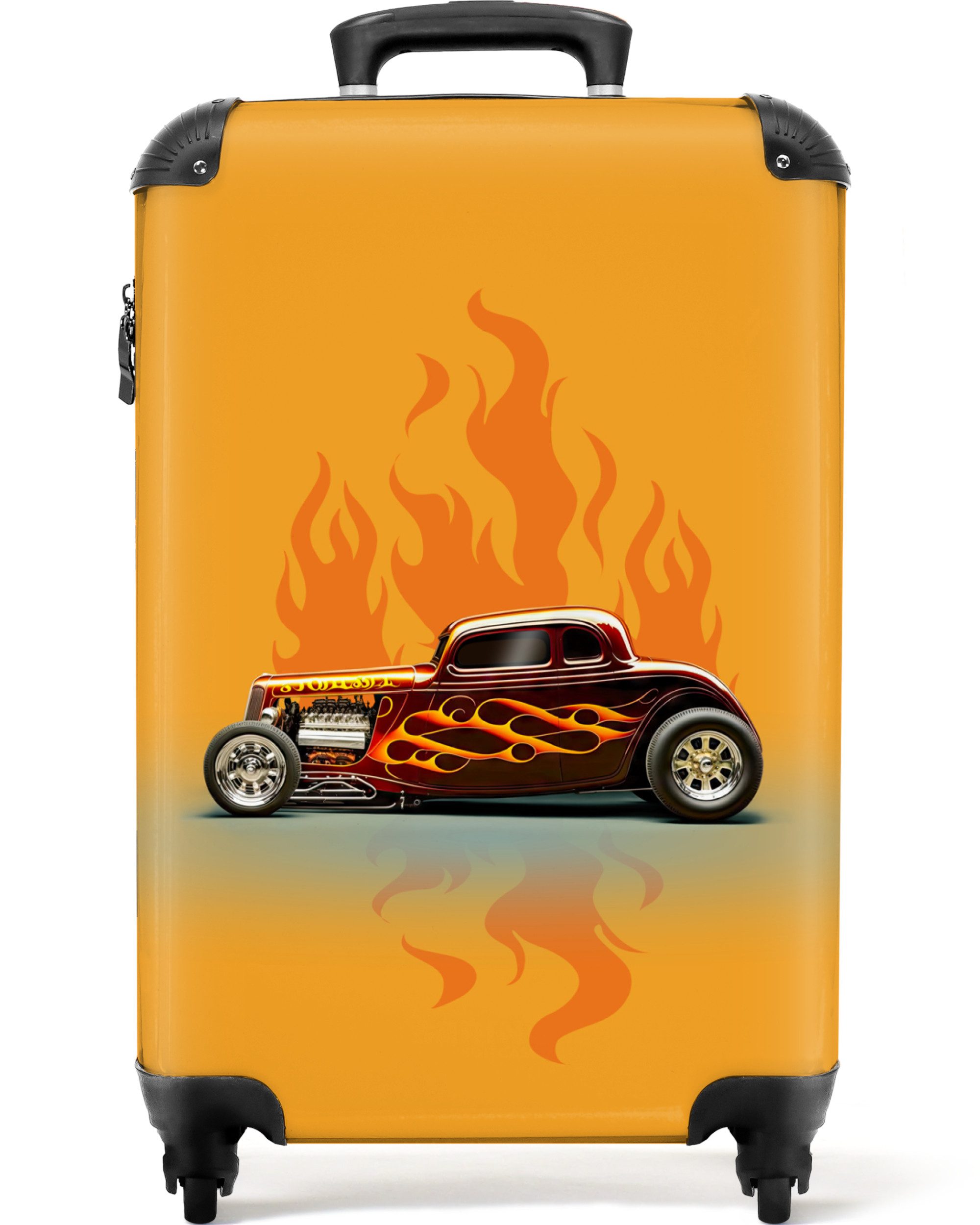 NoBoringSuitcases.com© Kinderkoffer Auto - Flammen - Rot - Vintage 55x35x20cm, 4 Rollen, Handgepäck Koffer, Hartschalenkoffer Kinder, Reisekoffer Jungen