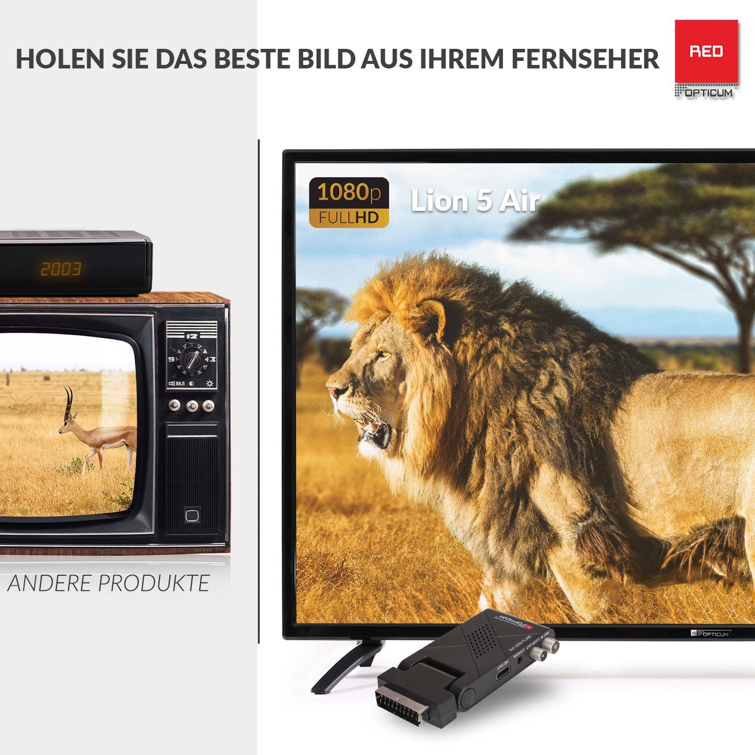 RED mit AX LED 5 Kabel externer 12V AIR HDMI Receiver Display, Lion (Aufnahmefunktion, DVB-T2 mit Receiver OPTICUM Sensor IR Netzteil) HD DVB-T2