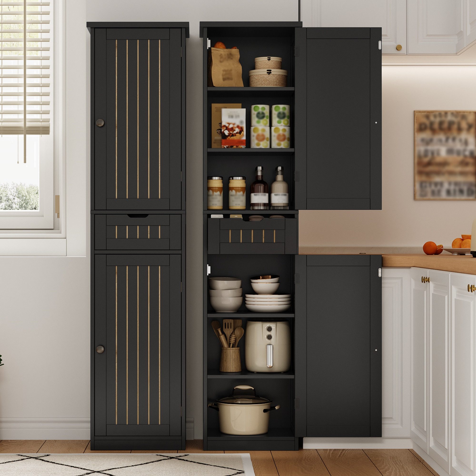 Flieks Hochschrank Mehrzweckschrank mit Schublade und verstellbaren Einlegeböden (170×40×30 cm, 1-St) Multifunktional Küchenschrank Eckschrank Highboard Schwarz