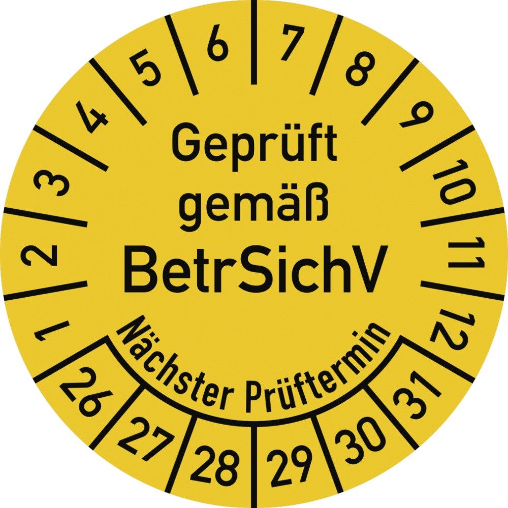 Hinweisschild Prüfplakette Geprüft gemäß BetrSichV...2026 - 2031, Folie, Ø 30 mm, 10