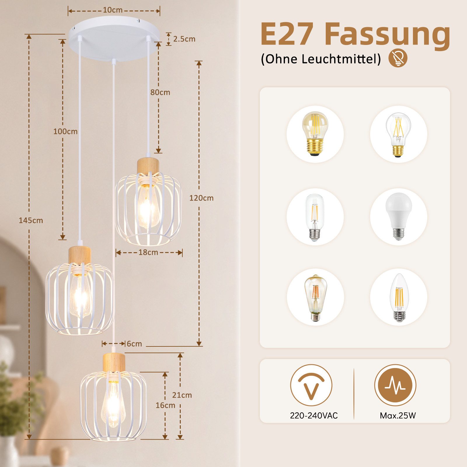 Nettlife Pendelleuchte Weiß/grau 1/3flammig Holz moderne Hängelampe E27 Fassung, ohne Leuchtmittel, für Esstisch Wohnzimmer Küche Flur Kücheninsel