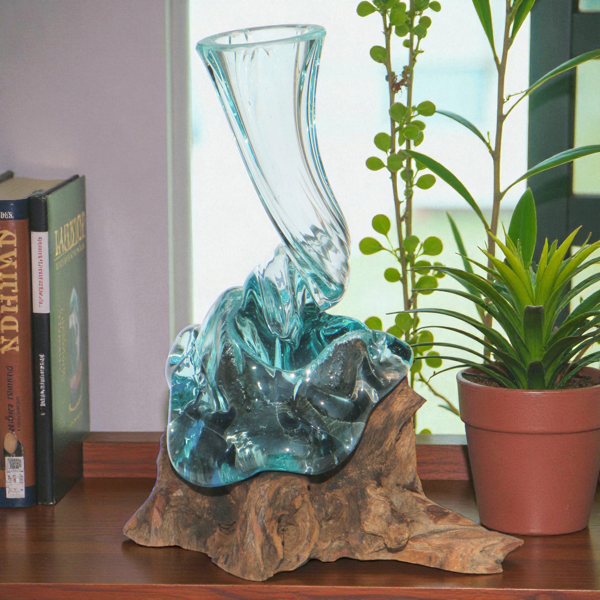 Wogeka Dekovase Glas-Vase "Osira" 25cm auf Wurzelholz Kanne Teakholz Gamal günstig online kaufen