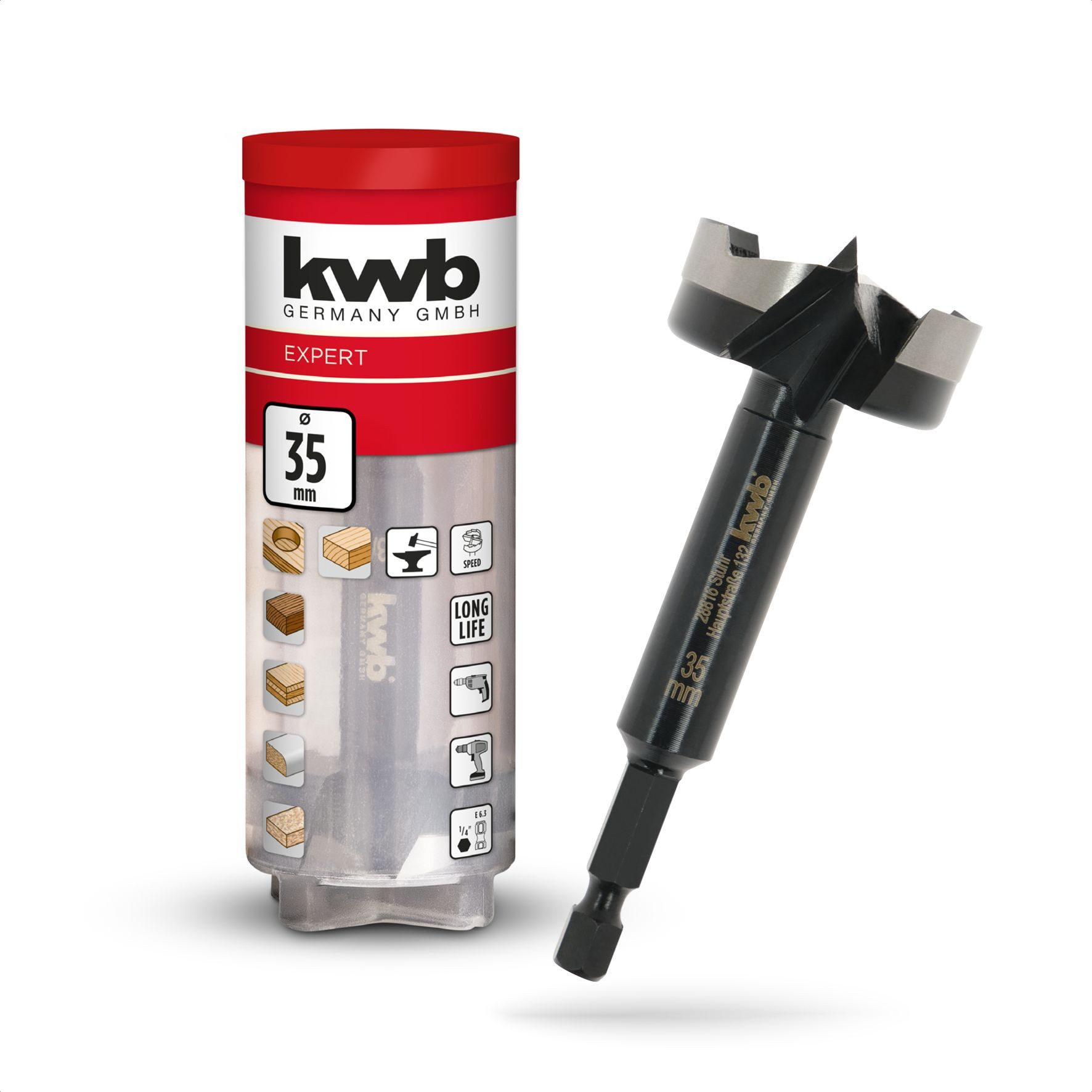 kwb Bohrer- und Bit-Set kwb Forstnerbohrer, Ø 35 mm, Topfbohrer (für Holz, geschmiedeter Bohrk, Forstnerbohrer 1/4" E 6.3 Schaft, Ø35mm (4-seitig geschliffene Zentrie