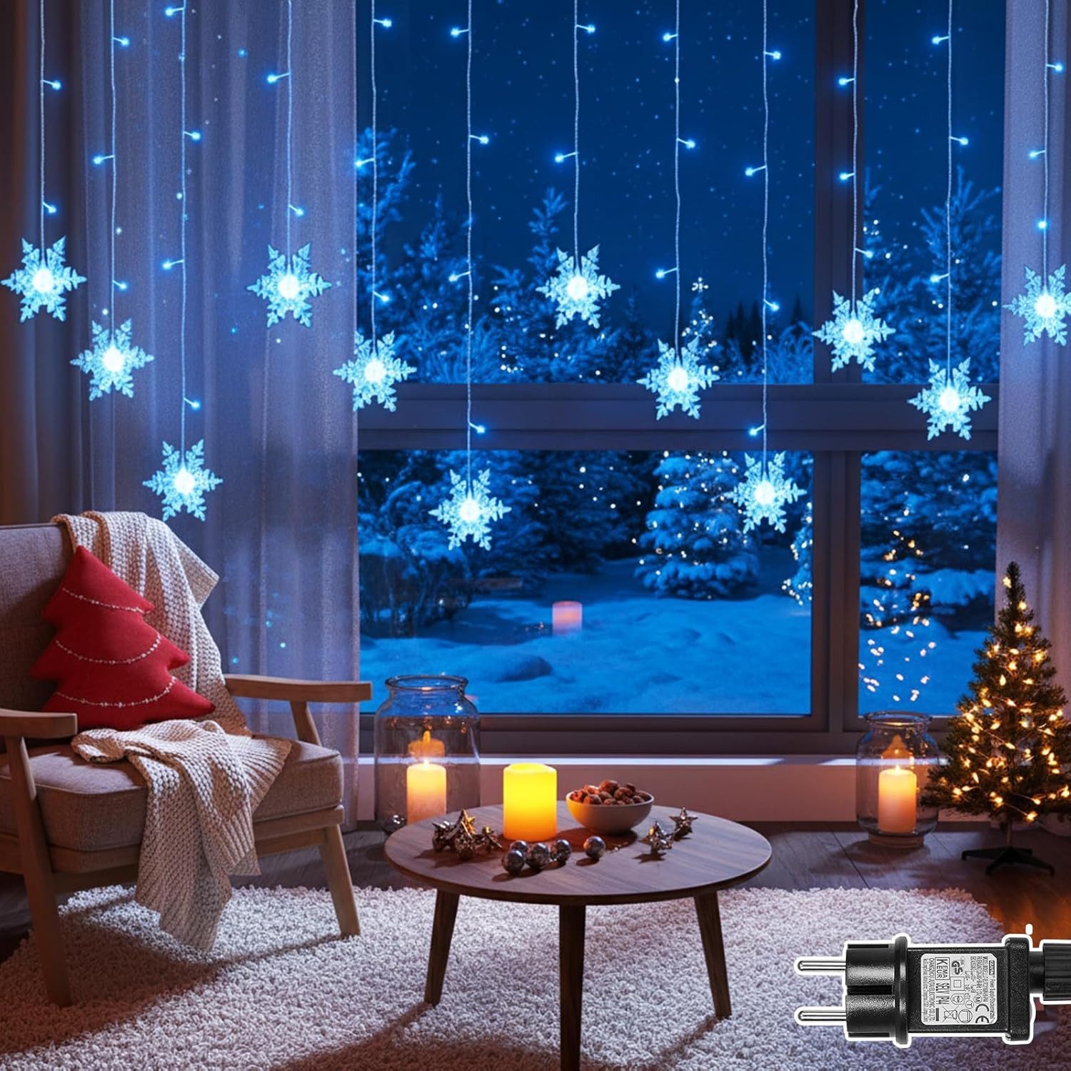 SERBASIC LED-Lichterkette Innen, LED Schneeflocke Lichtervorhang, Weihnachtsdeko, 8 Modi & Timer, Weihnachts Lichterkette für Fenster,Balkon & Innen/Außen Deko