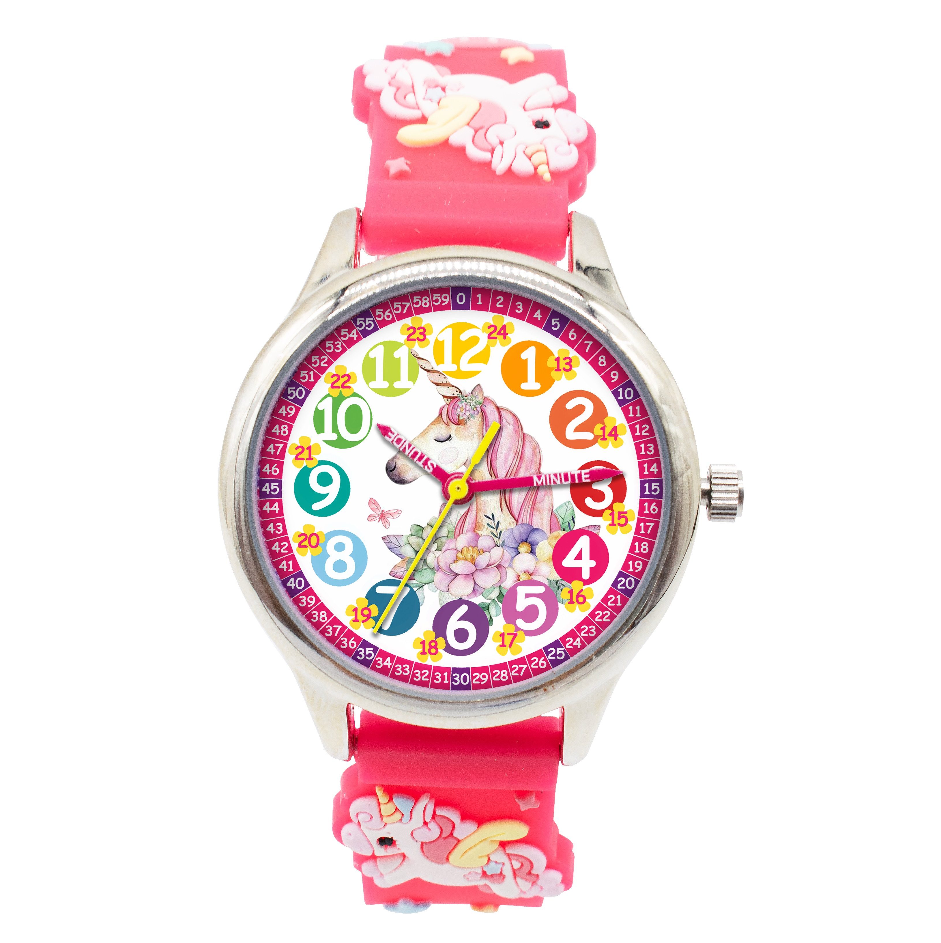K&L Wall Art Quarzuhr Einhorn Prinzessin Kinderuhr Analog Lernuhr Silikon Armbanduhr, Kinderarmbanduhr pink Mädchenuhr