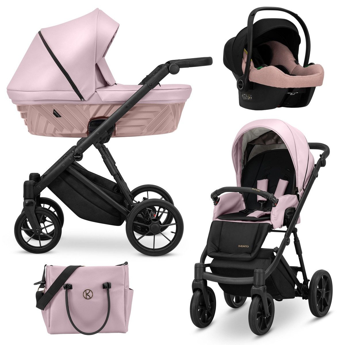 KUNERT Kombi-Kinderwagen IVENTO 3in1 Öko-Leder Kinderwagen mit schwarzem Rahmen und Zubehör, 2in1-Set mit Tragetasche, Sportsitz und funktioneller Tasche