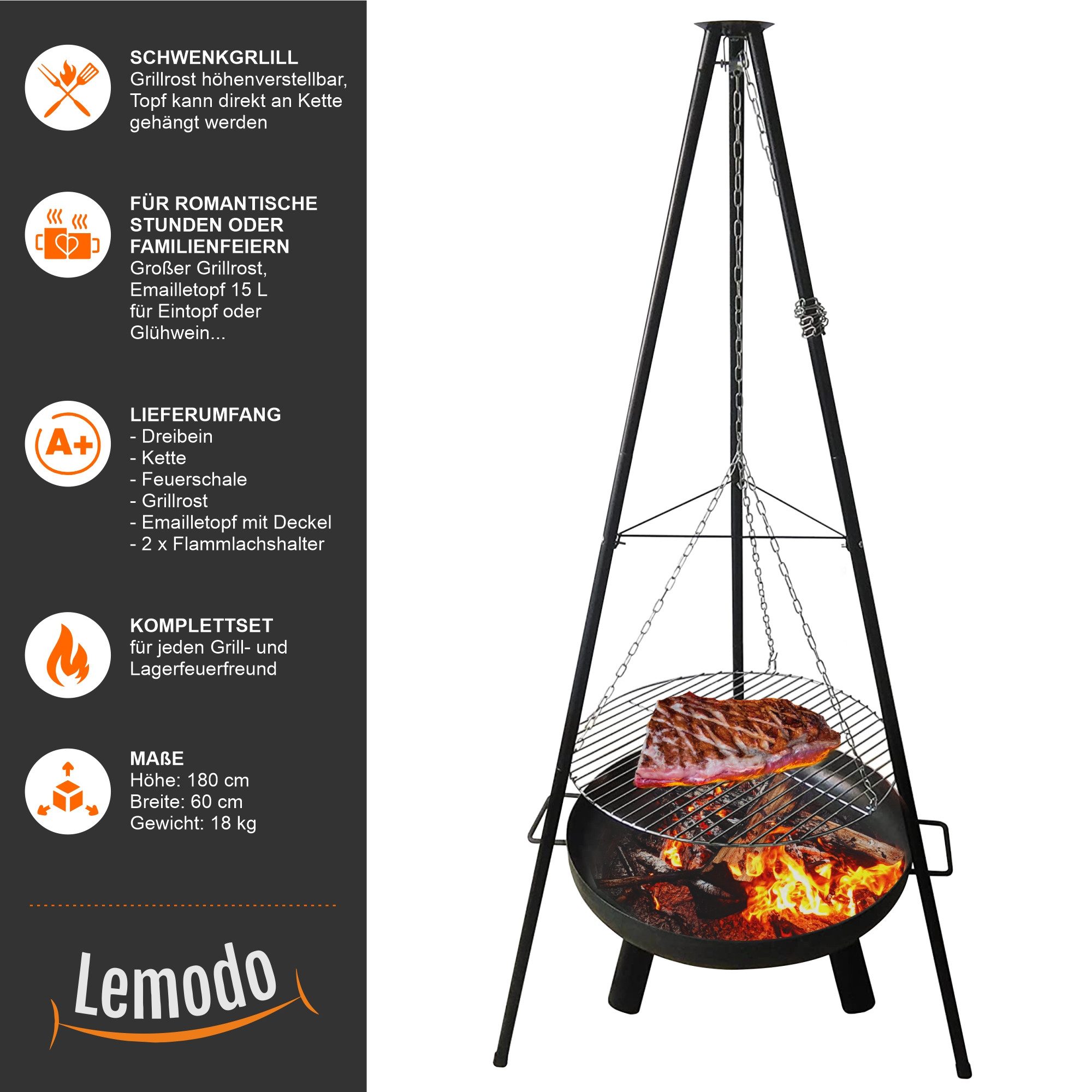 Lemodo Schwenkgrill Holzkohlegrill mit Gulaschtopf und Lachsbretter, Feuerschale, Emailletopf, Grillrost, Fischfilethalter