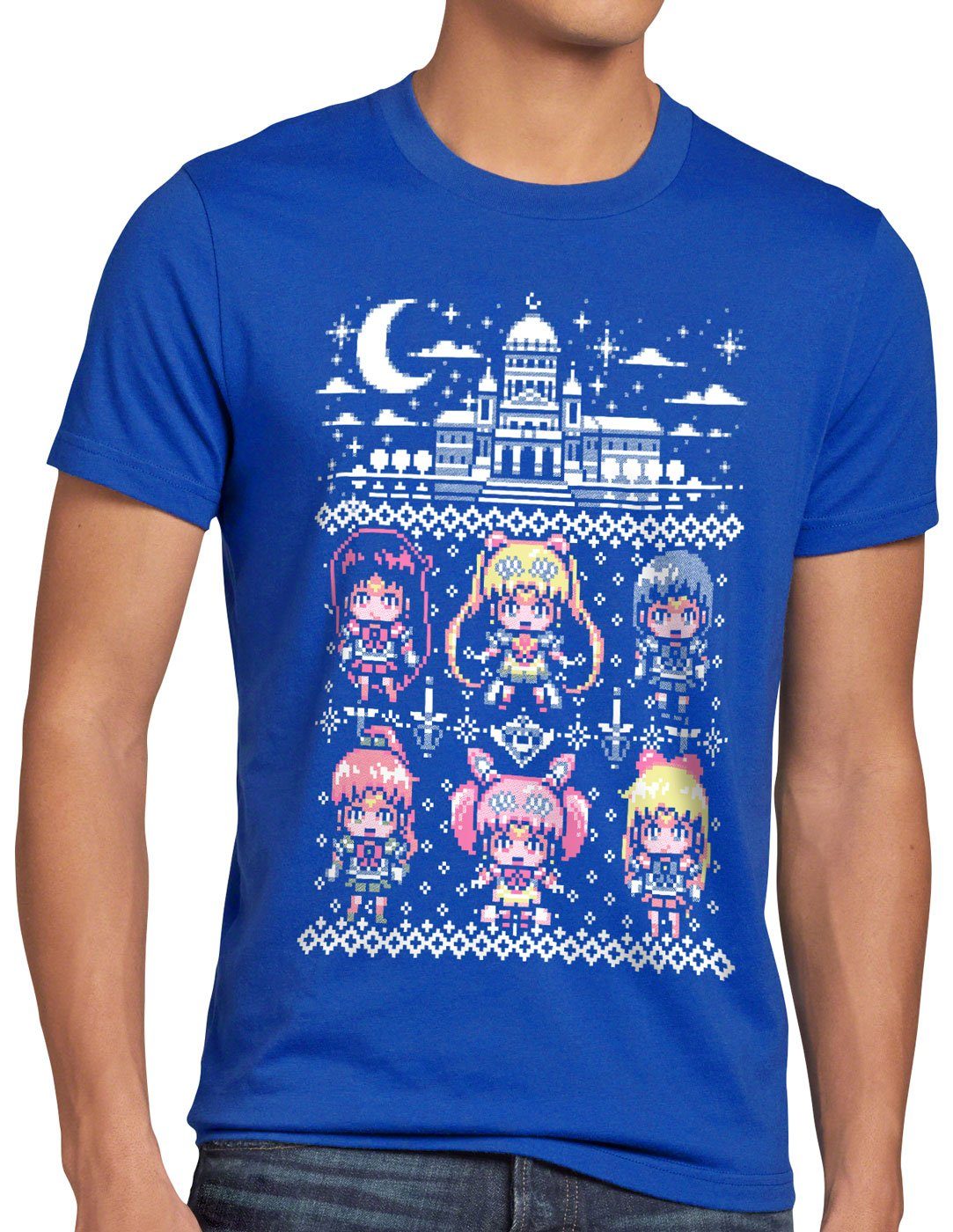 style3 Print-Shirt Herren T-Shirt Moon Pixel Christmas Sweater sailor ugly pulli weihnachtspullover
