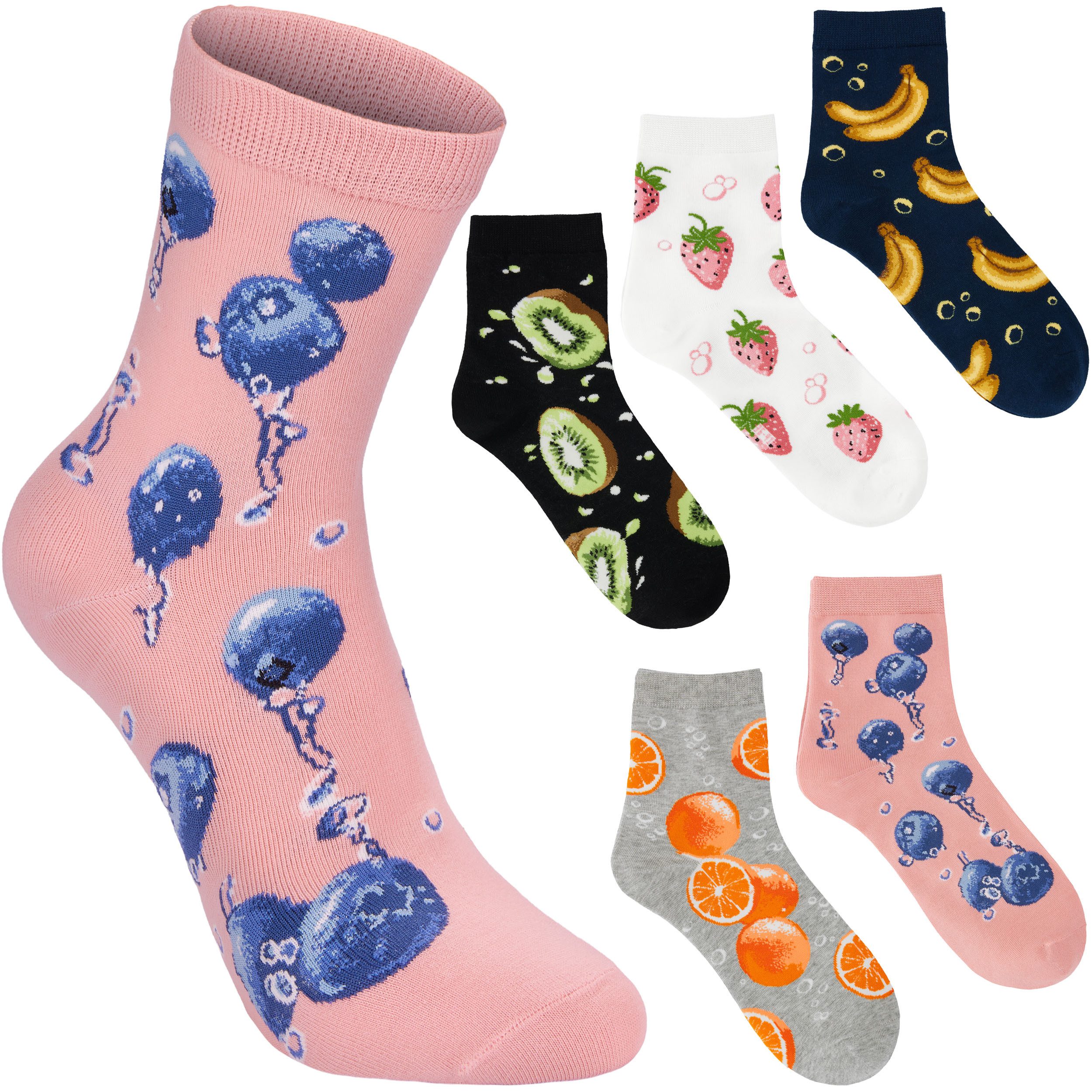 BRUBAKER Socken Lustige Damen Früchtesocken - Bunter Obst Mix (Geschenkset für Frauen, 5-Paar, Witzige Kuschelsocken mit Fruchtmotiven) Damensocken Set mit Blaubeeren, Kiwis, Bananen, Erdbeeren & Orangen