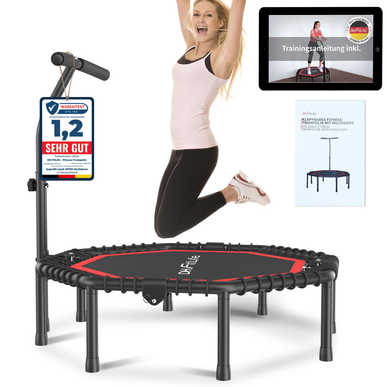 Fitnesstrampolin 45 Zoll 115cm, klappbar Leise Gummiseilfederung ohne Installation