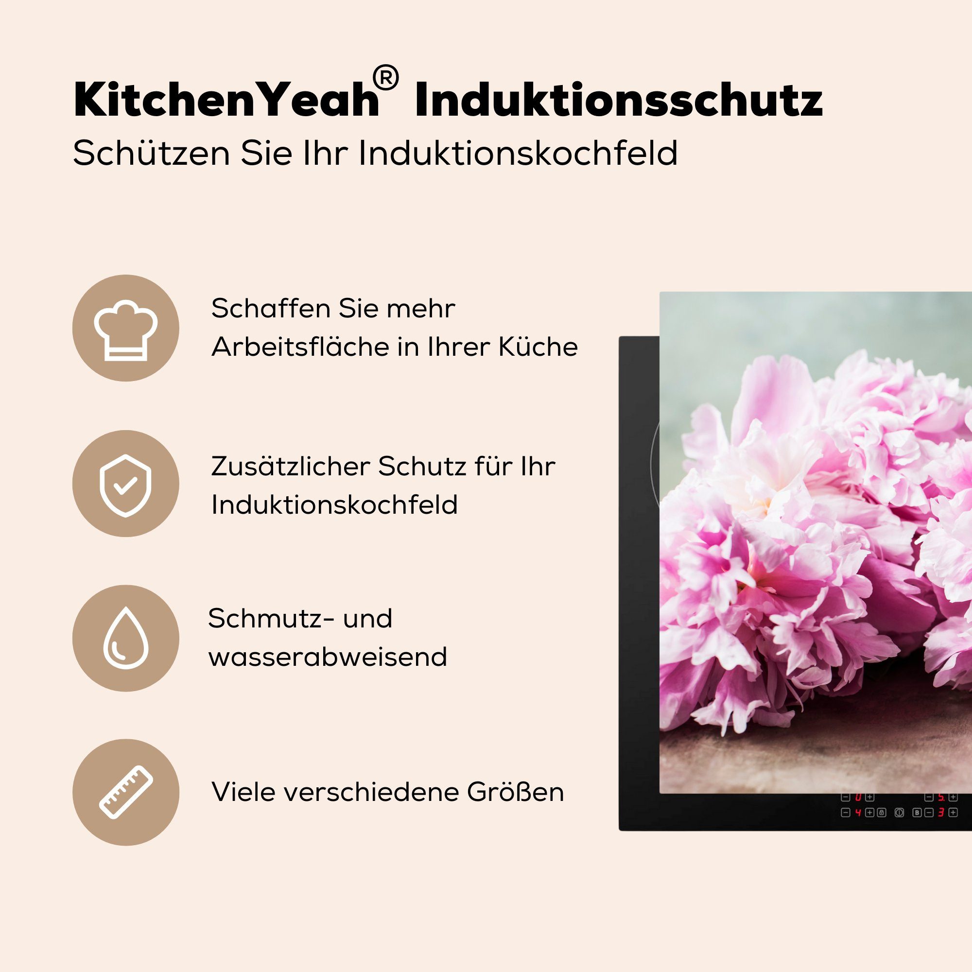 Ceranfeldabdeckung (1 - Blumen MuchoWow 81x52 cm, Vinyl, tlg), küche, Rosa für Botanisch, die Pfingstrose Schutz Induktionskochfeld - Herdblende-/Abdeckplatte -