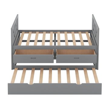 Flieks Daybett (mit 2 Schubladen und ausziehbarem Unterbett 90*190cm), Tagesbett Kinderbett mit Lattenrost Kiefer 90x200cm