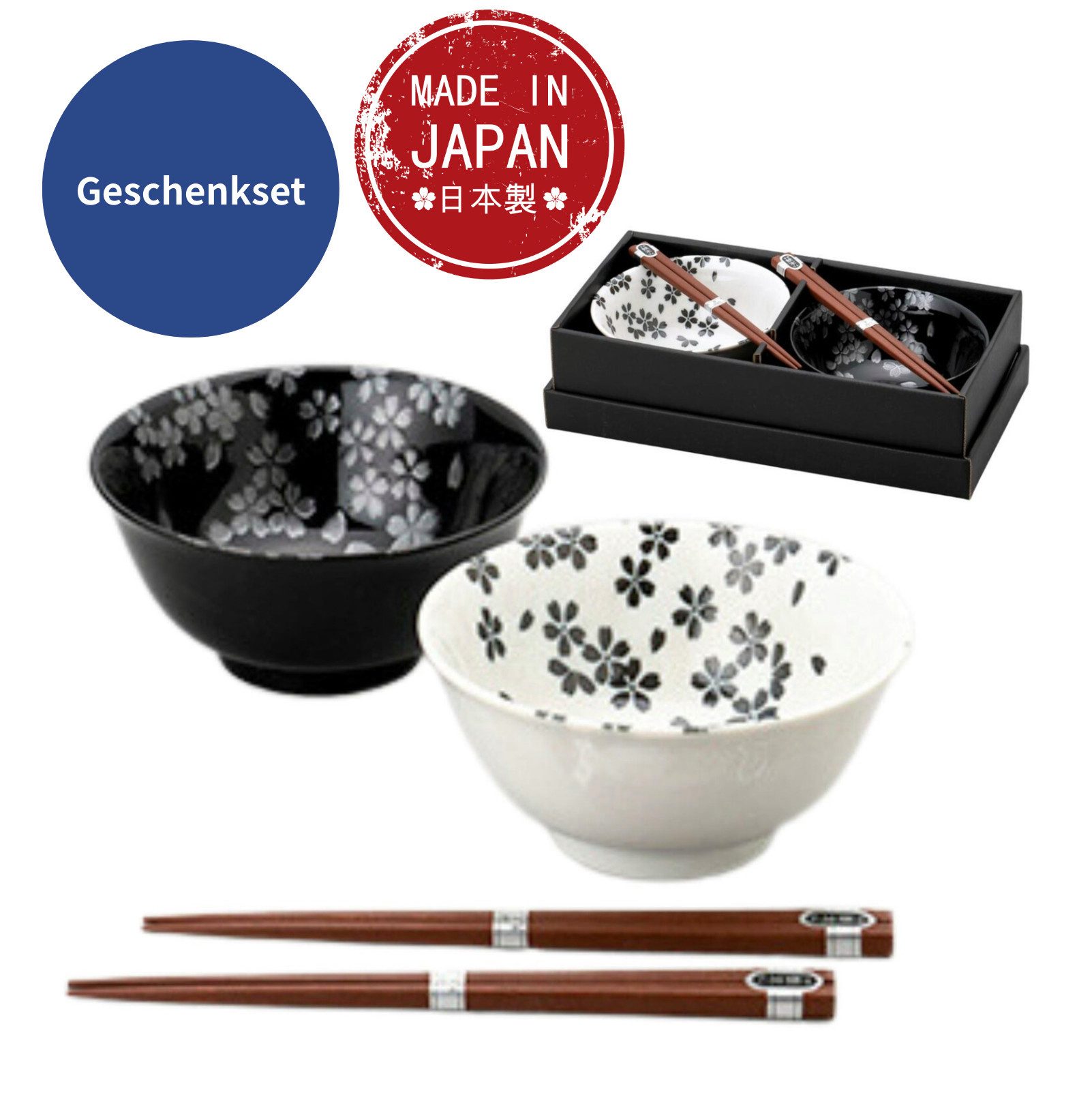 Mitsui Pottery Inc. Geschirr-Set Made in Japan Kirschblüten 4,8-Zoll-Schale, 2er-Set (mit Essstäbchen)