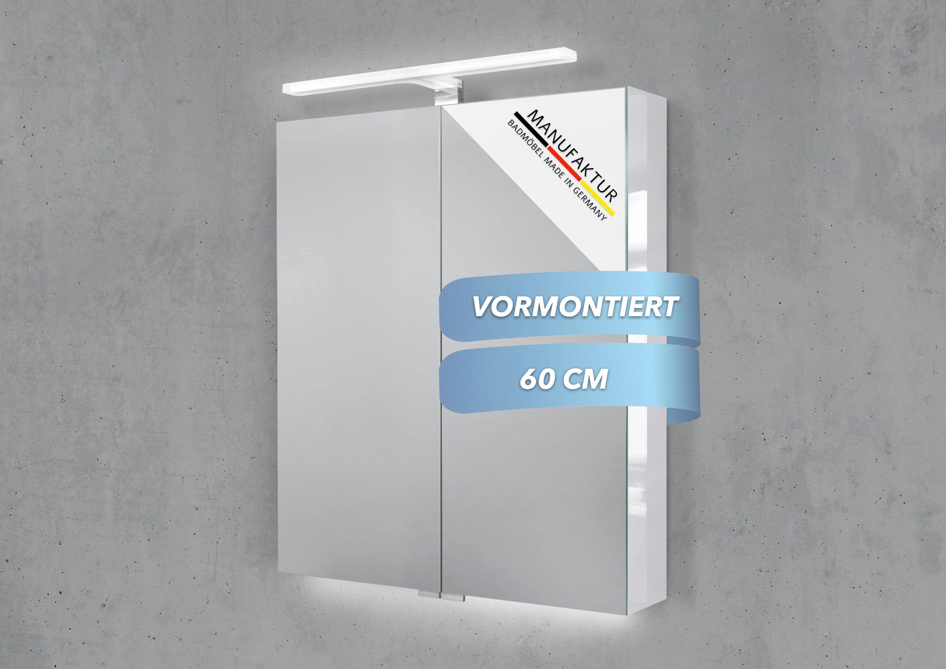 Intarbad Badezimmerspiegelschrank 2-türiger Spiegelschrank mit MULTI LED Acryl Aufsatzleuchte, dimmbar (Doppelspiegeltüren, Holz-/ Lackdekore, Maße von 60 bis 120 cm wählbar, Höhe 70 cm, Glasfachböden, Magnetleiste & Kosmetikspiegel Ø 12 cm) Vormontierte Lieferung, Floatglas, 160 kg Traglast, Made in Germany
