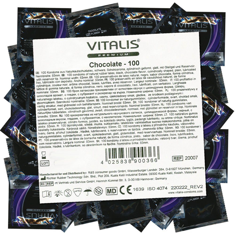 VITALIS Kondome PREMIUM Chocolate (schwarze Kondome für Oralverkehr) große Packung mit, 100 St., Kondome mit Schoko-Aroma, zuverlässig, sicher und angenehm im Gebrauch