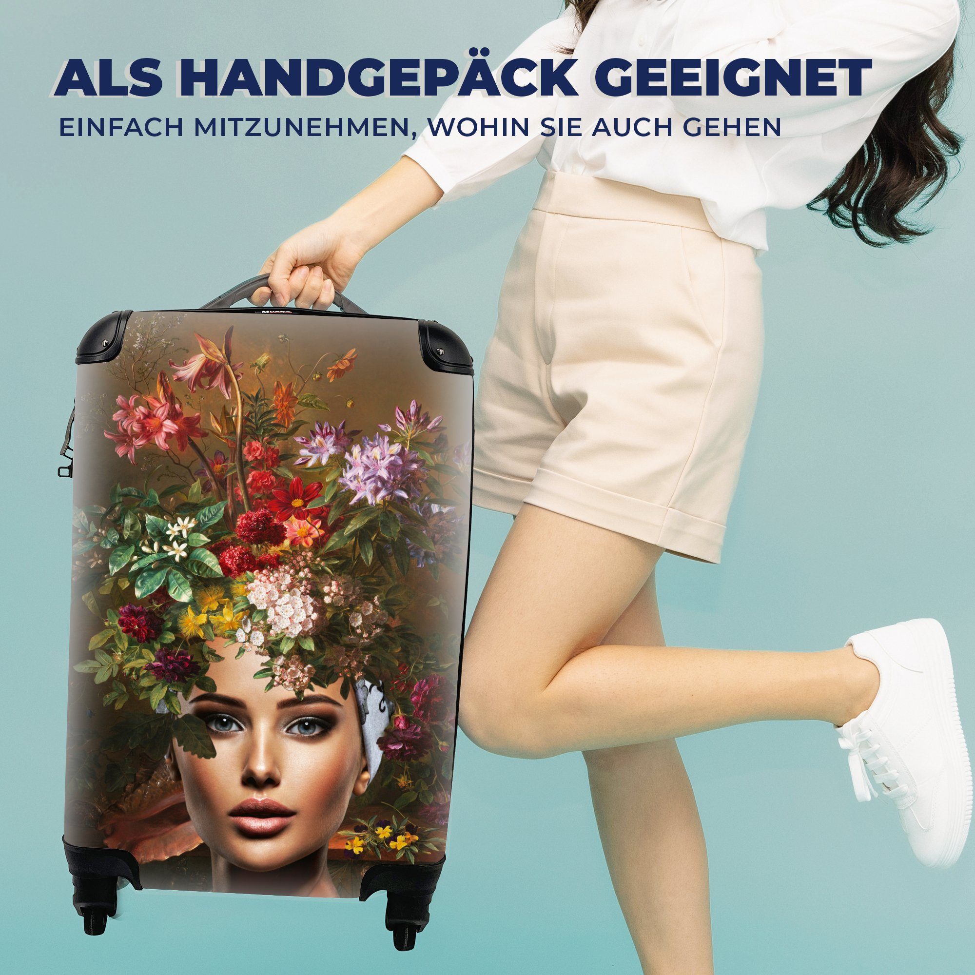Frau MuchoWow Handgepäck Trolley, für - Reisetasche Blumen - Ferien, 4 mit Farben, Handgepäckkoffer Reisekoffer rollen, Rollen,