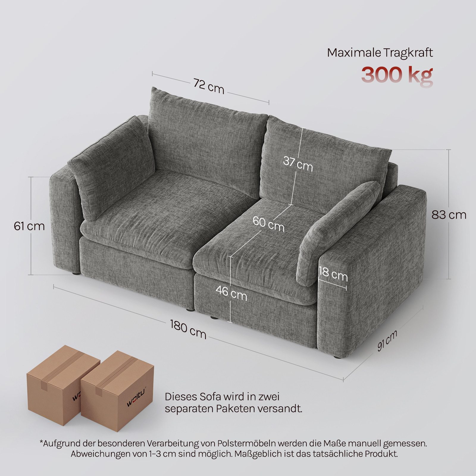 Woltu Sofa, für 2 Sitzer, Couch mit abnehmbarem Chenille-Bezug, 180x83x91 cm