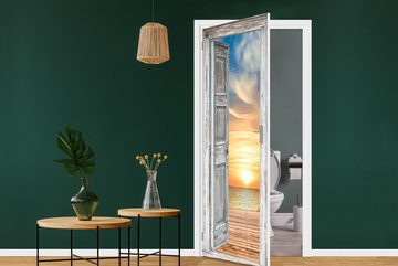 MuchoWow Türtapete Weiße Tür - Aussicht - Sonnenuntergang - Natur, Matt, bedruckt, (1 St), Selbstklebende Tapete, Folie für Möbel, 75x205 cm
