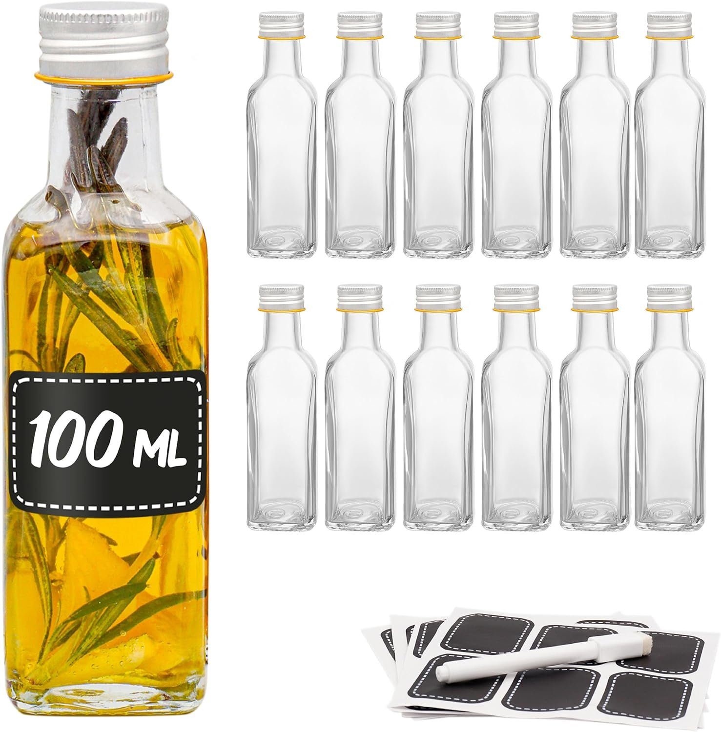 Praknu Trinkflasche Zum Befüllen 100 ml - 12 Kleine Glasflaschen Glasfläschchen - Aus Glas, Leere Schraubverschluss Flaschen - Für Öl, Essig, Saft & Limonade