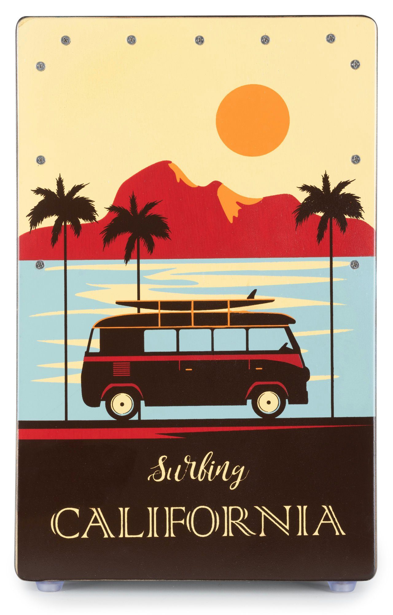 XDrum Cajon Designer-Cajon mit Kunstdruck "California", Bass Port & Snare Teppich mit 20 Spiralen
