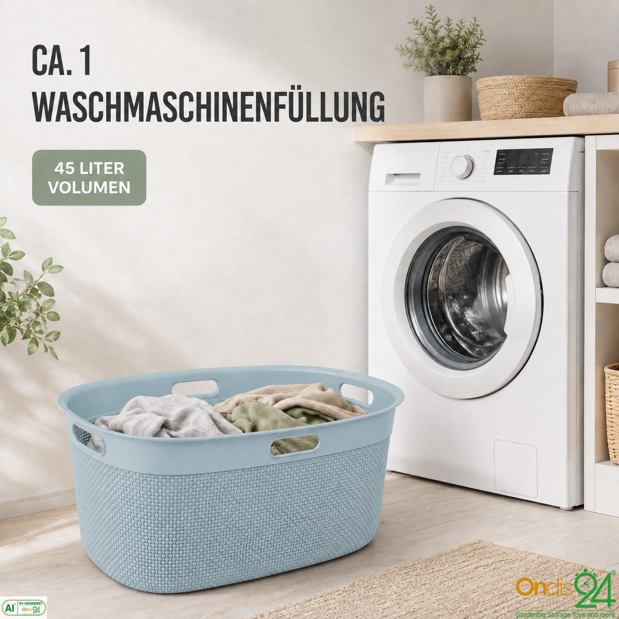 ONDIS24 Wäschekorb Tragekorb Filo 45 L, hochwertiger, geruchsneutraler Kunststoff, 45 L, belüftet und nestbar – Bild 3 von 5