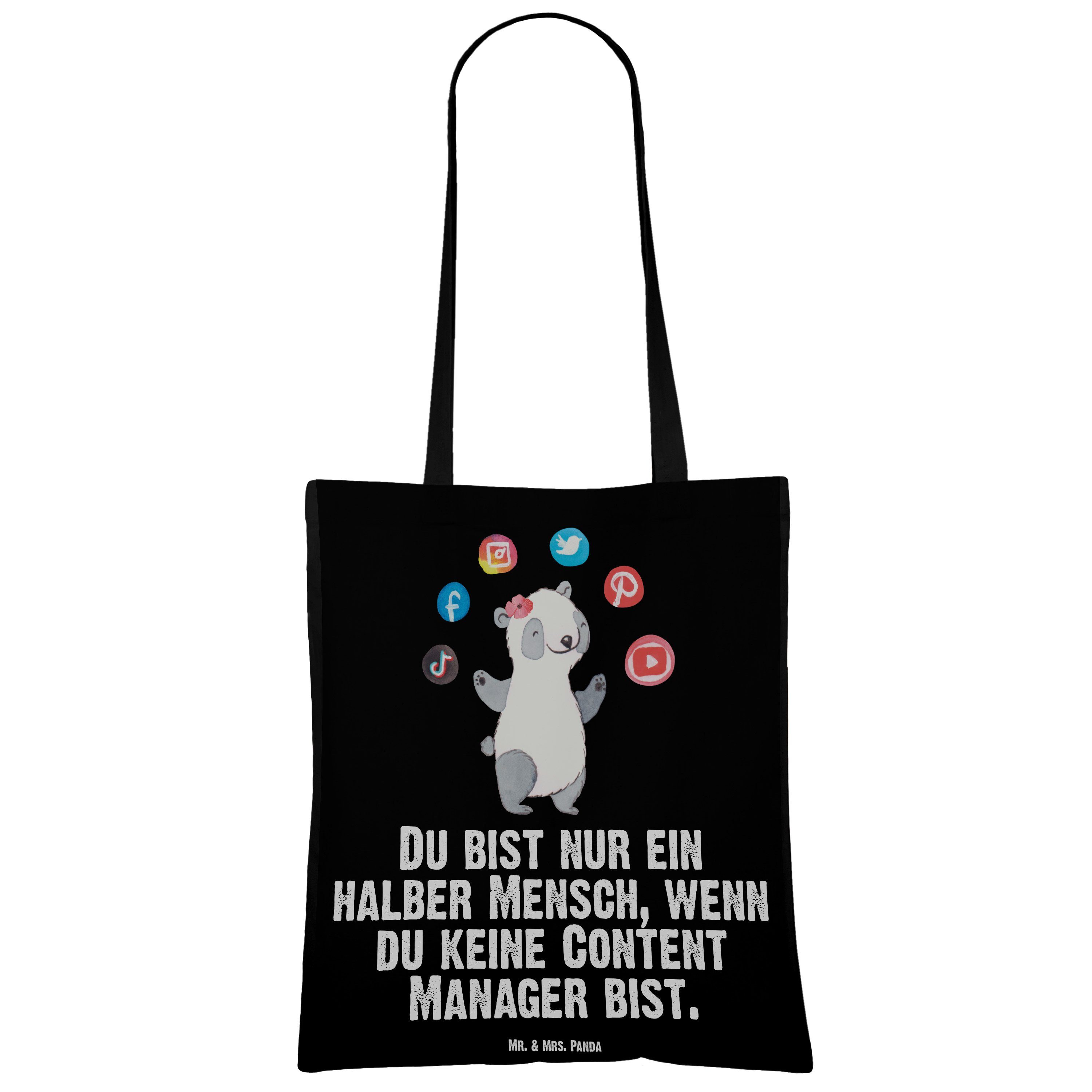 Mr. Beutel, - Geschenk, Content - Einkaufstasche & Manager Panda Schwarz (1-tlg) mit Herz Tragetasche Mrs.