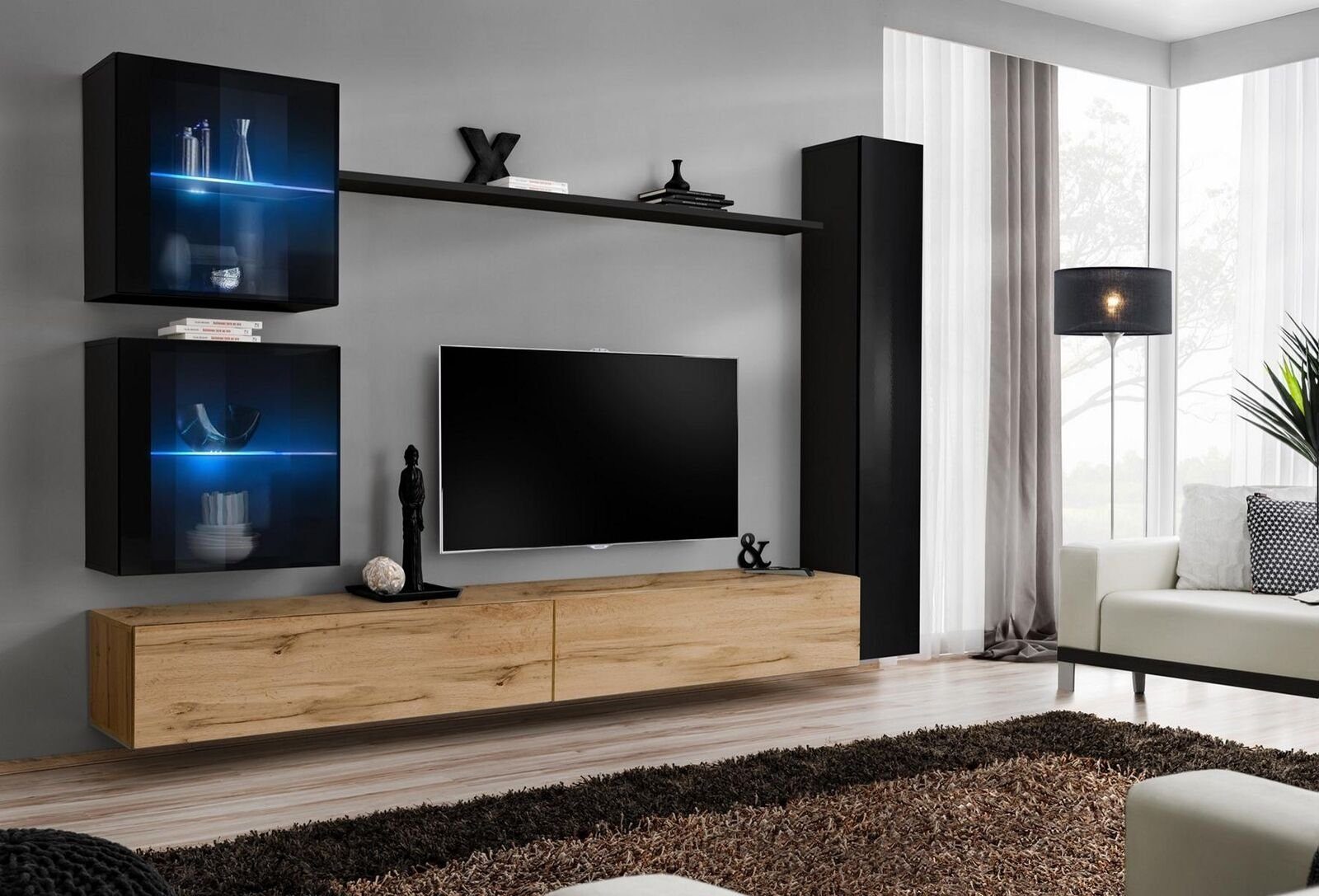 JVmoebel Wohnwand Luxus Schwarz 3x Wand Schrank Wohnwand TV Ständer Modern Design, (7-St), Made in Europa