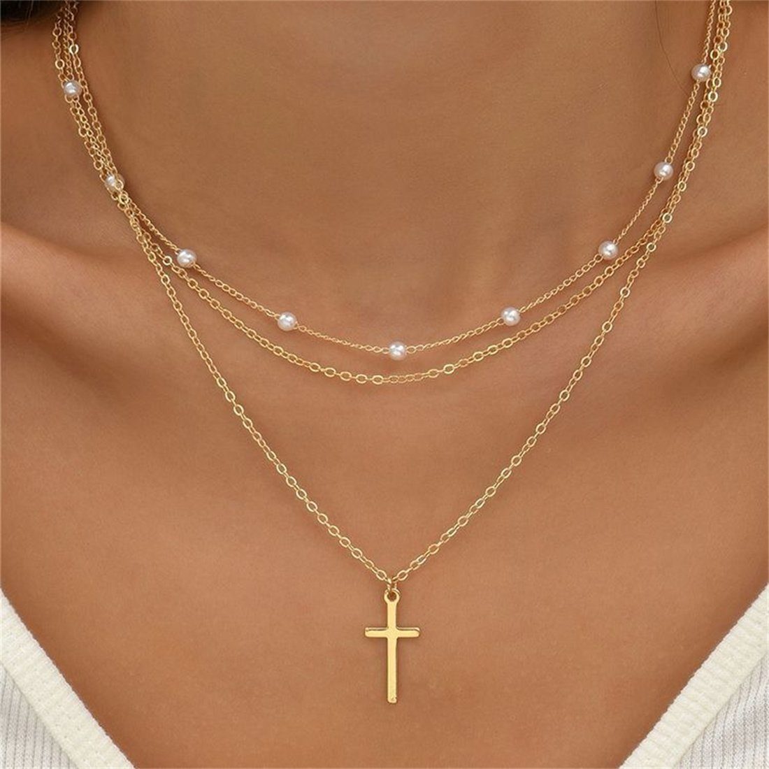 DAYUT Charm-Kette Imitation Perle geschichteten Halskette, Geschenke für Frauen (1-tlg)