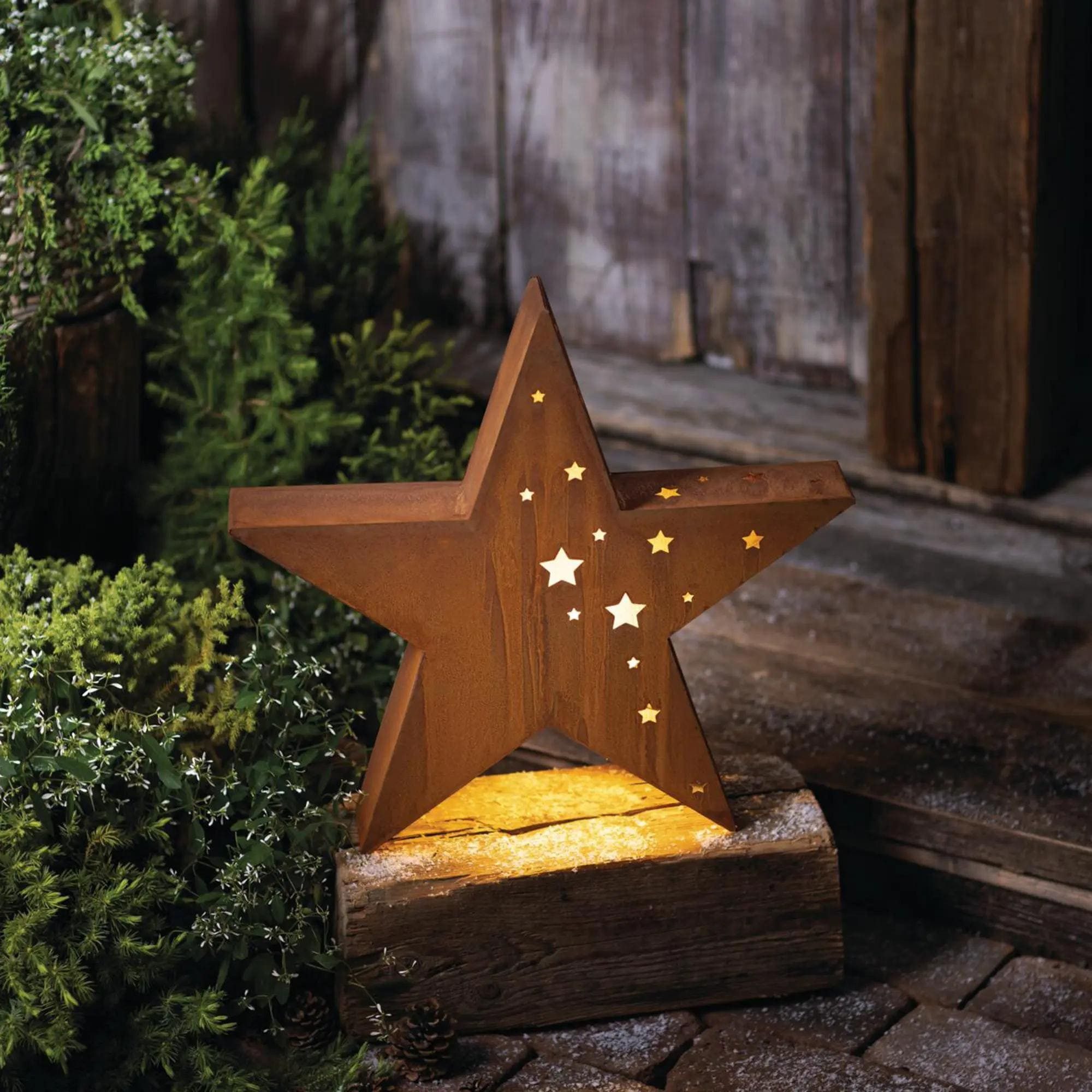 Dekoleidenschaft LED-Dekofigur "Stern" Metall in Rost Optik, 52x49 cm groß, Timer, Outdoor Gartendeko, 3 AA-Batterien – Bild 2 von 5