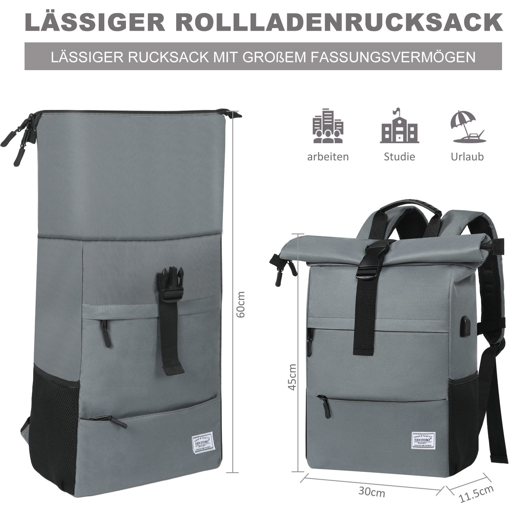 TAN.TOMI Cityrucksack Freizeitrucksack Groß Damen lässiger Rolltop Rucksack Herren Backpack (Arbeitsrucksack viele Fächer mit 15,6" Laptopfach/USB-Anschluss), Reiserucksack Lässiger Backpack Schule Freizeit Uni Arbeit Wandern