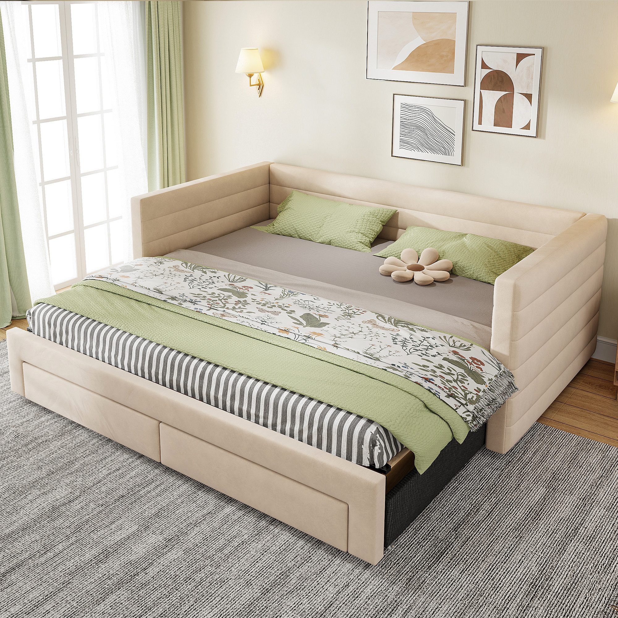 Flieks Daybett, Polsterbett Schlafsofa mit Ausziehbett 90/180x190cm mit 2 Schubladen