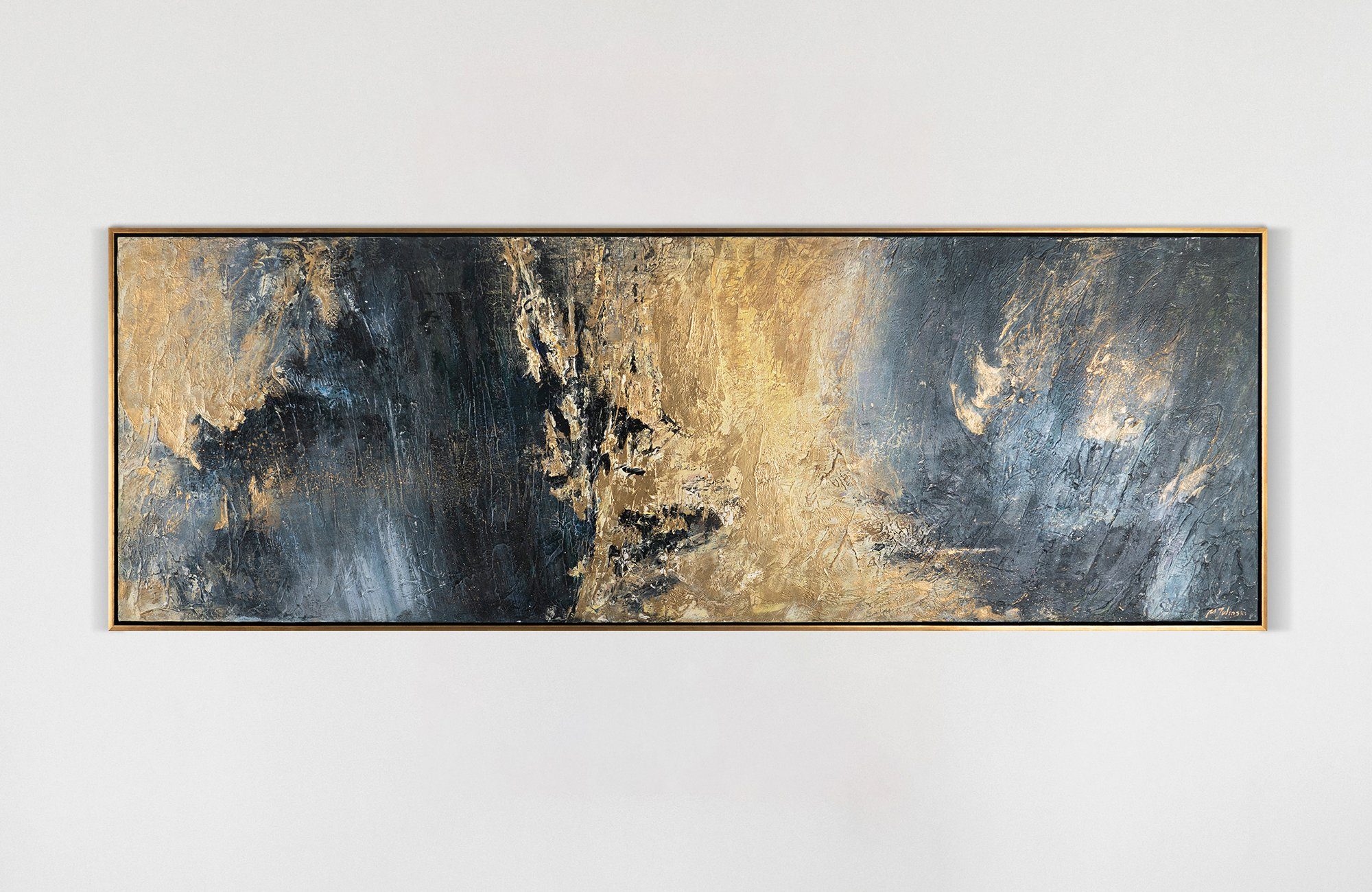 YS-Art Gemälde Spiegelungen, Bild Rahmen in Leinwand Gold mit Blau Abstraktes Handgemalt