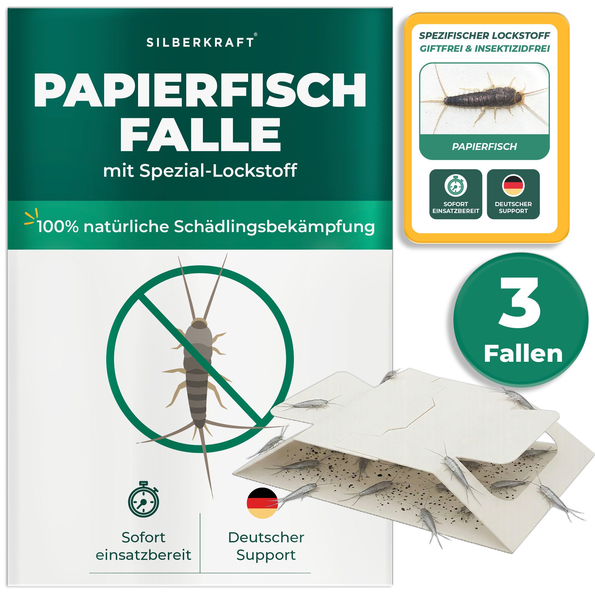 Silberkraft Insektenfalle Papierfischfalle mit Spezial-Lockstoff Langzeitschutz, Biozidfrei & Geruchslos Extrastarke klebefläche Gezielte Anlockung
