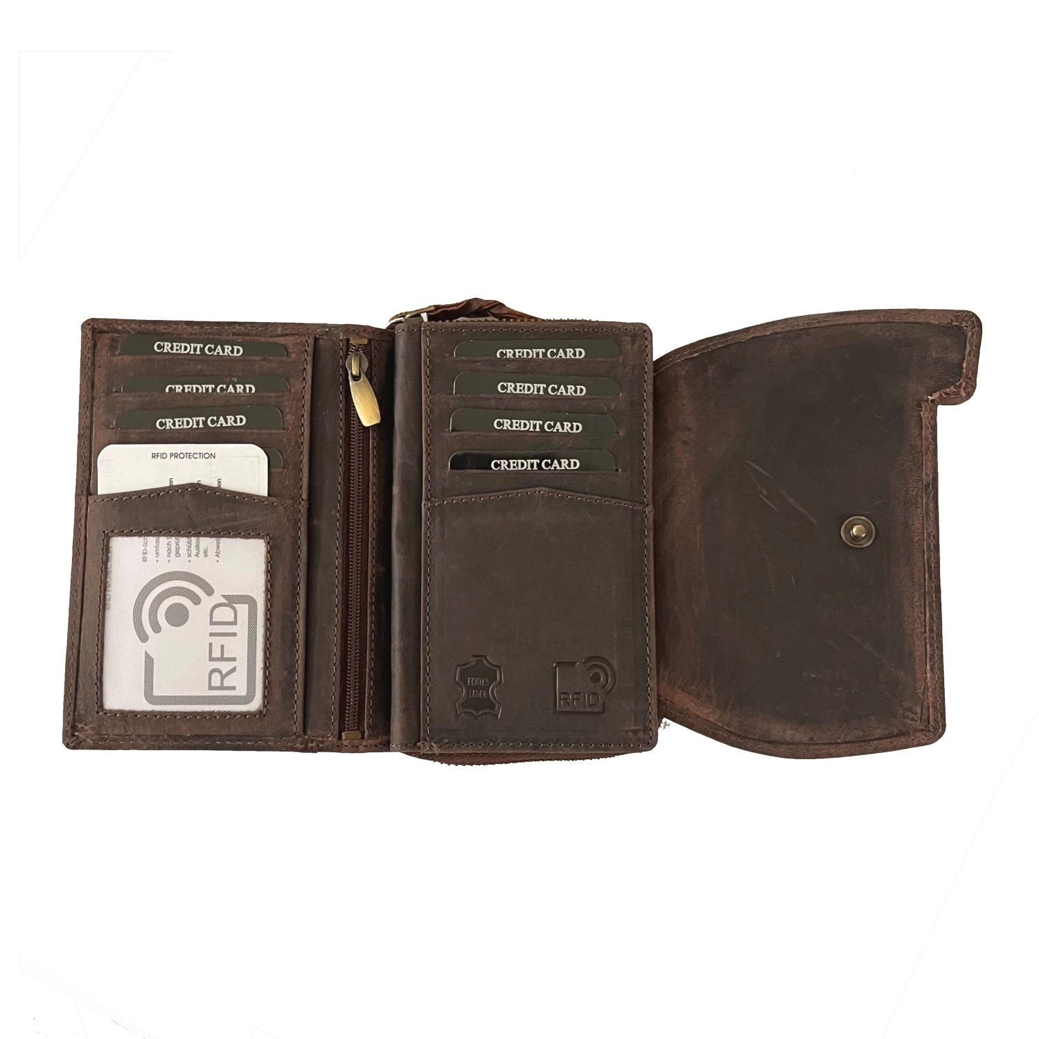 Buffalo Hill Geldbörse XL Büffelleder Portemonnaie, Kartenetui mit RFID-Schutz >BH-2679<, eleganter Damen Geldbeutel mit 12 Kartenfächern in Braun