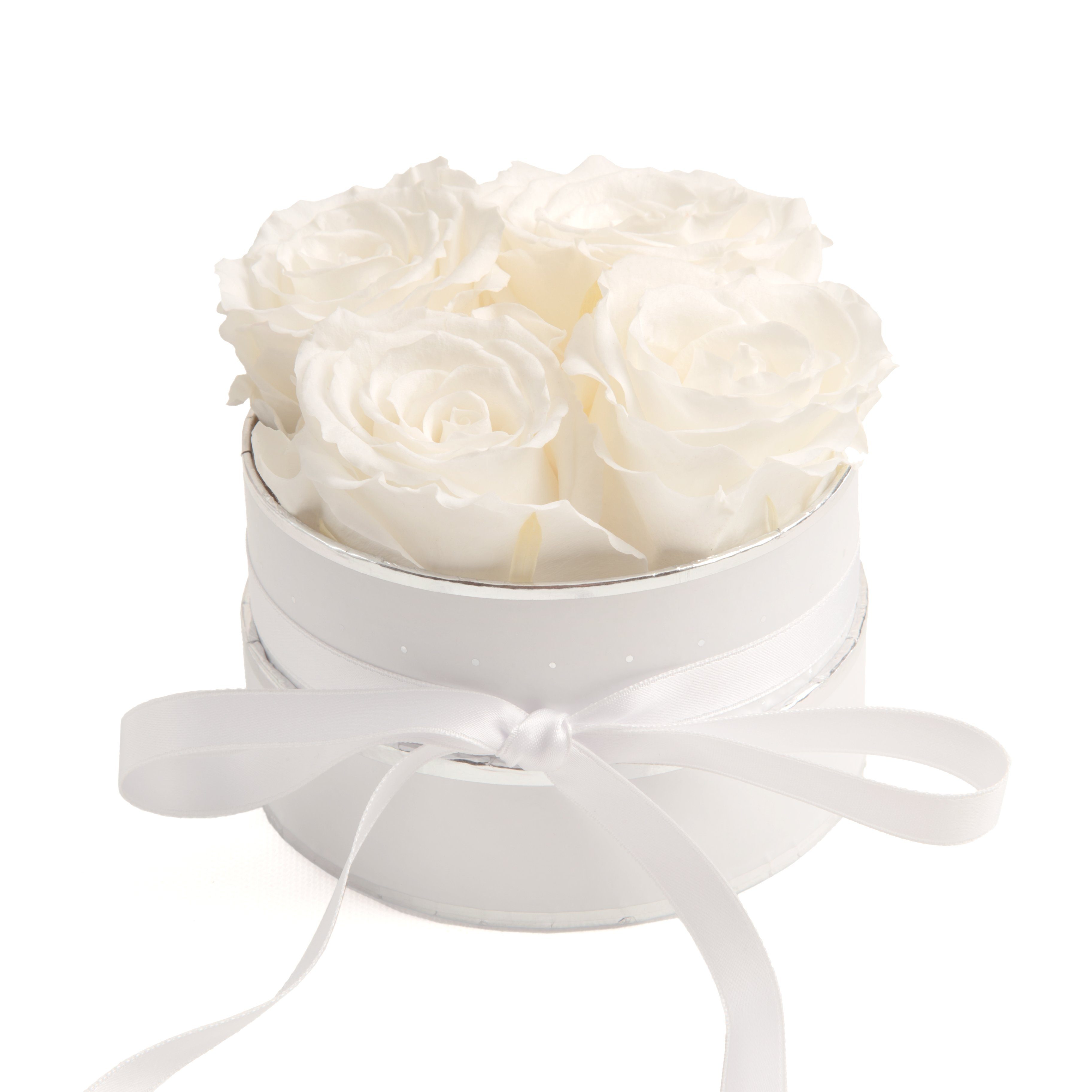 Kunstblume Rosenbox weiß rund 4 Infinity Rosen inklusiv Geschenkbox Rose, ROSEMARIE SCHULZ Heidelberg, Höhe 10 cm, echte Rosen haltbar 3 Jahre, Made in Germany