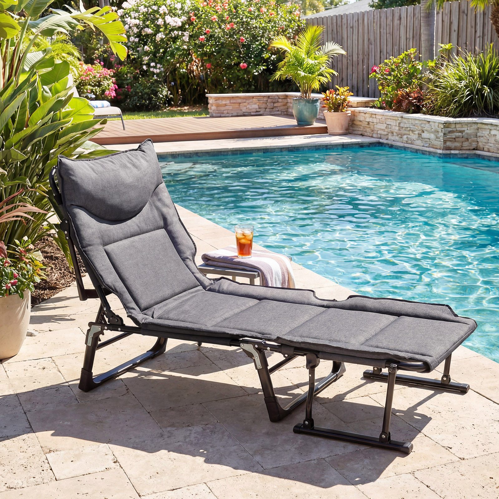 COSTWAY Gartenliege, 3 in 1 Klappbett mit Auflage, Kopfstütze, verstellbar
