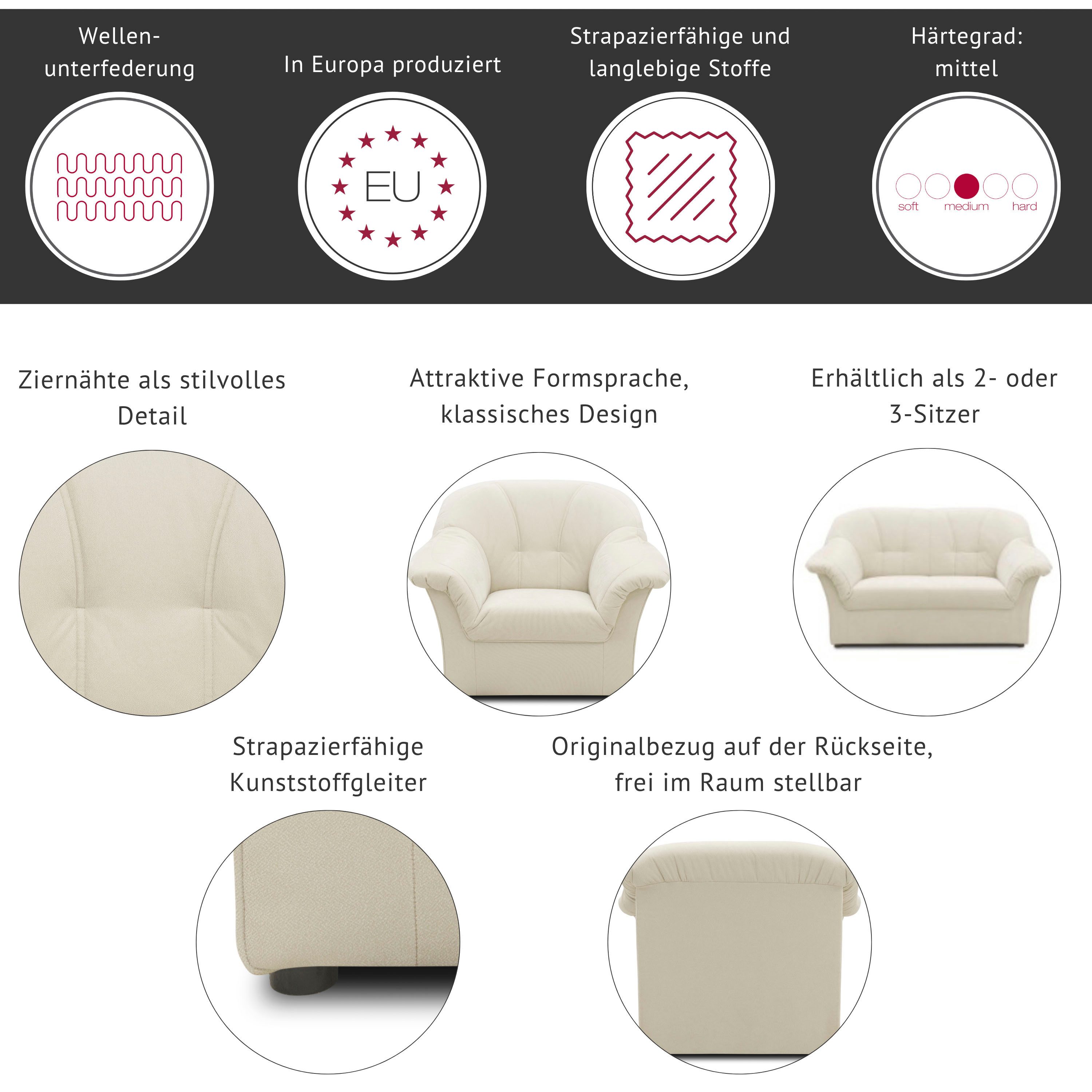 DOMO collection 3-Sitzer Pegnitz für kleine Räume, Breite 185cm, zeitlos, elegante Armlehnen, komfortabel