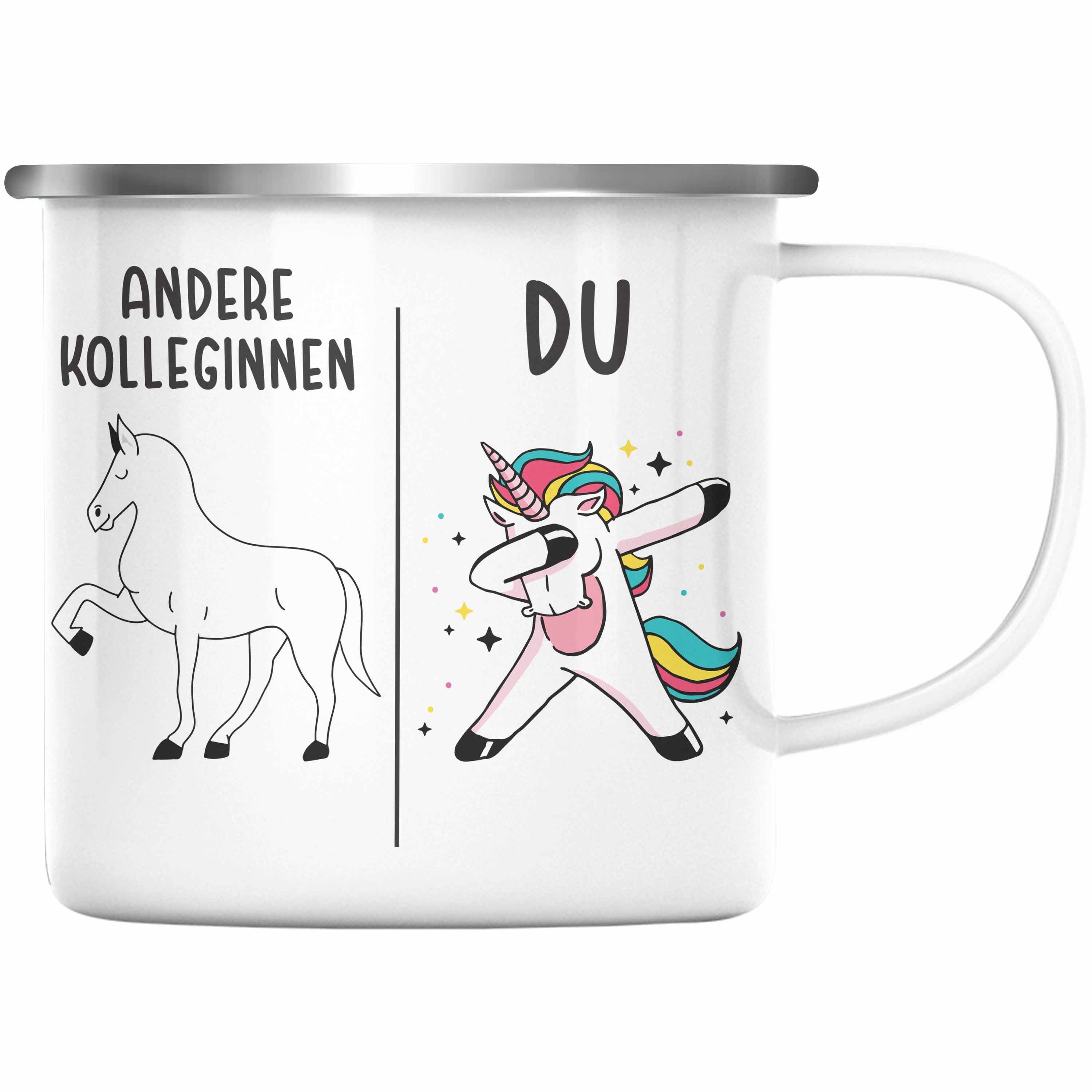 Trendation Thermotasse Trendation - Beste Kollegin Emaille Tasse Geschenk Spruch Lustig Lieblingskollegin Geburtstag Silber