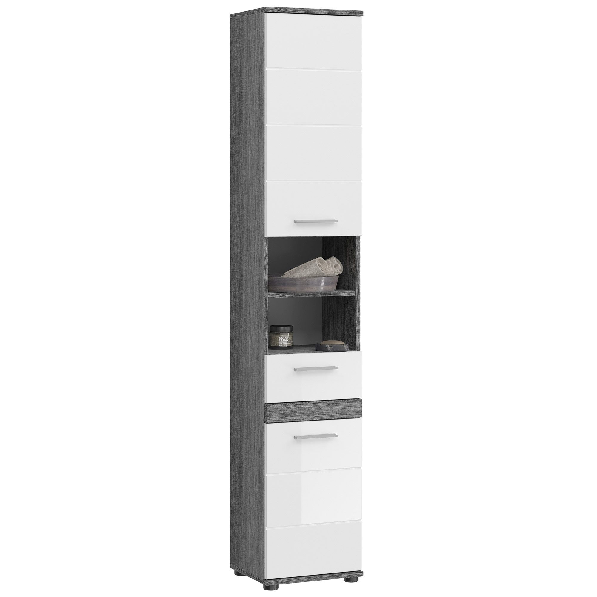 Newroom Hochschrank Rauchsilber 191 cm Schrank Rauchsilber Weiß Hochglanz Modern Badschrank Hochschrank Bad