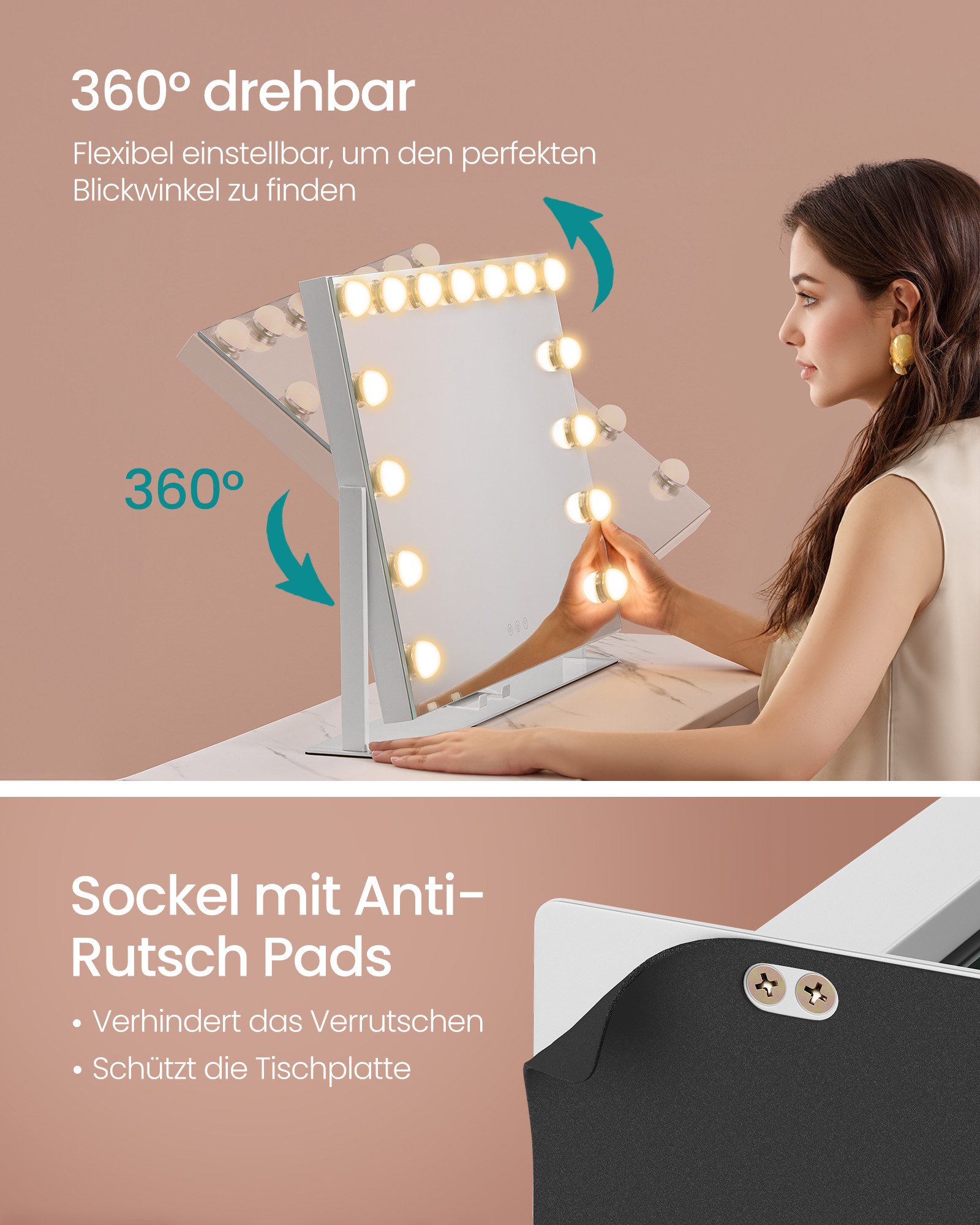 SONGMICS Schminkspiegel mit Beleuchtung, Kosmetikspiegel Touch-Steuerung, dimmbar, Handyhalter, mit 15 LED-Glühbirnen, mit USB-A und USB-C, 58 x 43 cm – Bild 4 von 5