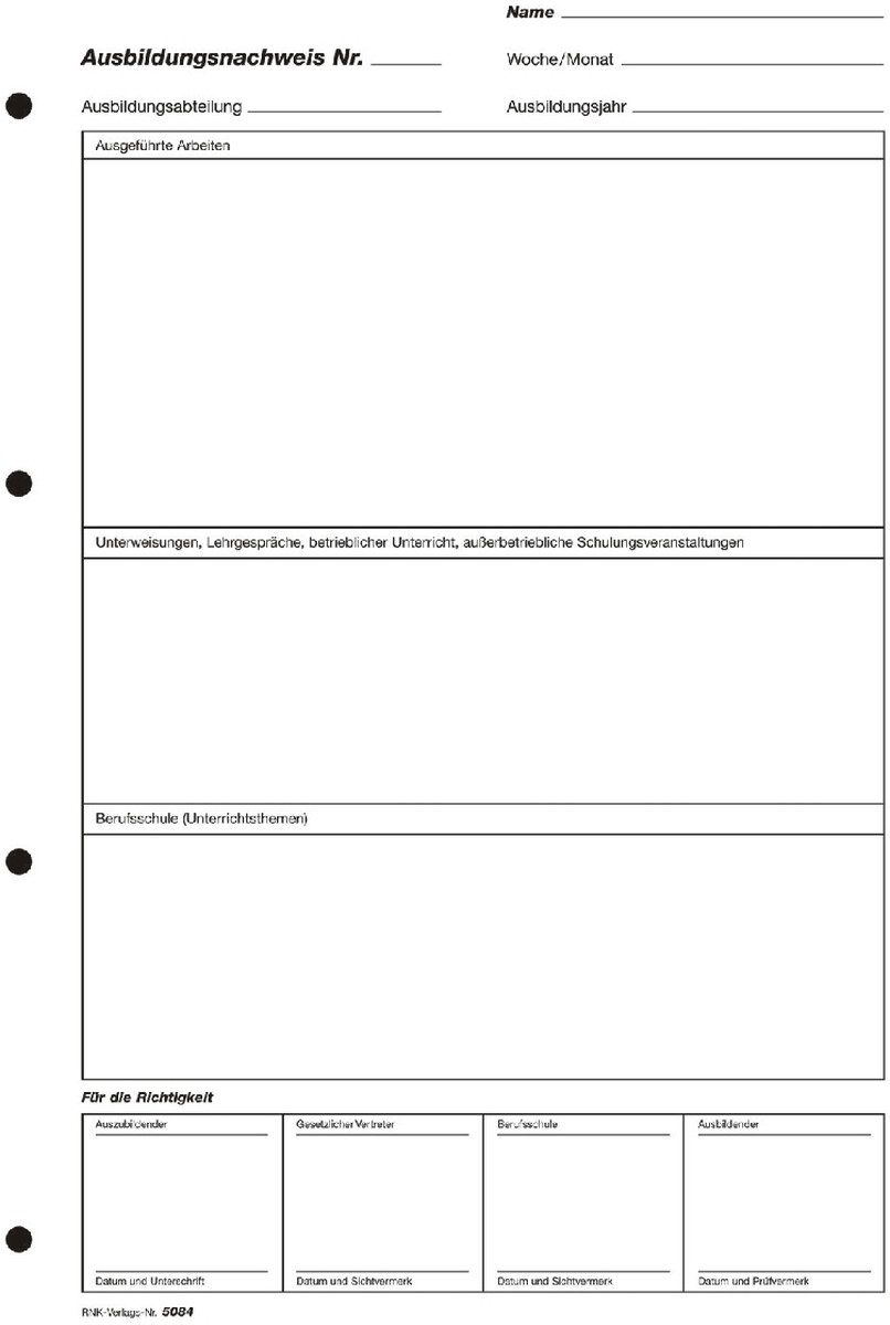 RNK Verlag Formularblock Ausbildungsnachweis wöchentliche/monatliche Eintragung