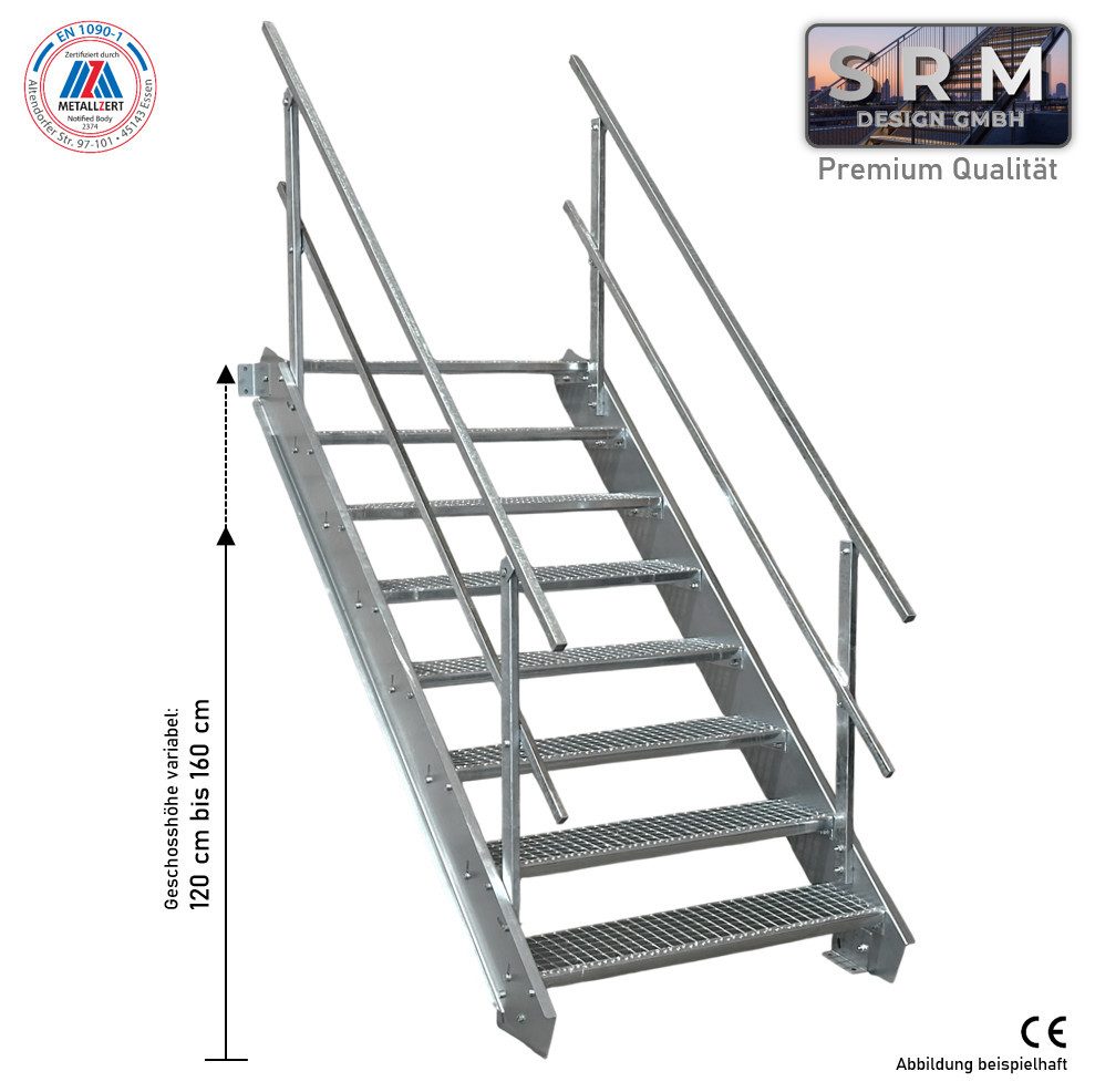 SRM Design Außentreppe 8 Stufen Stahltreppe 90cm Breite, Höhe 120-160cm, 2x Geländer Rund